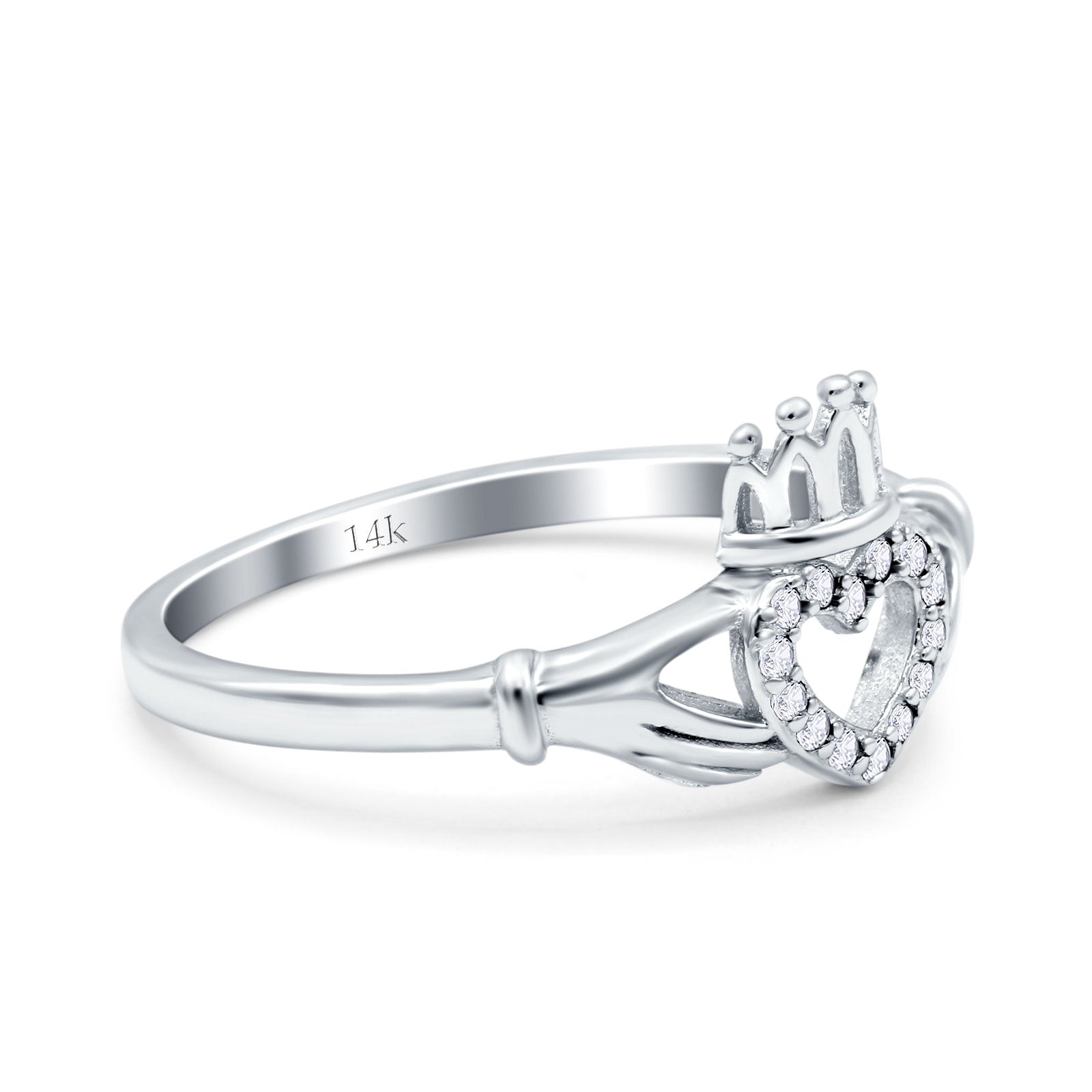 14K White Gold Heart Claddagh Art Deco Wedding Ring Simulated Cubic Zirconia Size-7