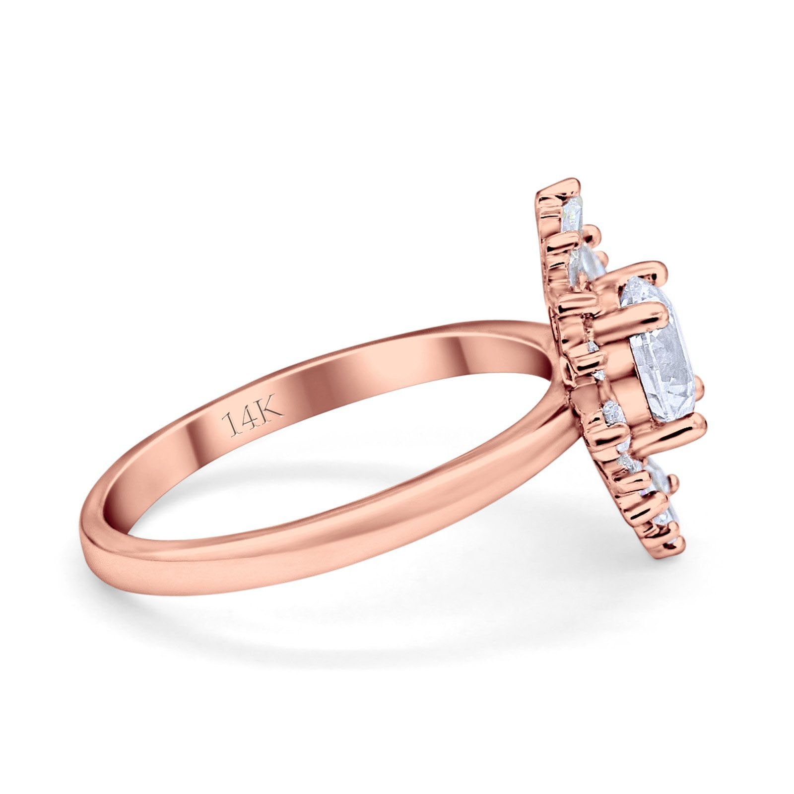 14K Rose Gold Halo Floral Style Vintage Art Deco Wedding Engagement Ring Baguette Round Simulated Cubic Zirconia Size-7