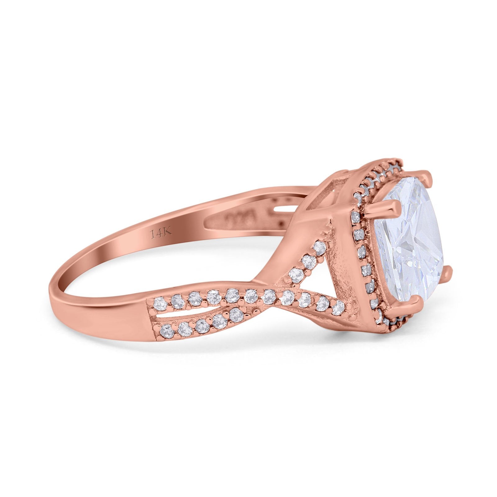 14K Rose Gold Cushion Infinity Shank Wedding Engagement Ring Round Simulated Cubic Zirconia
