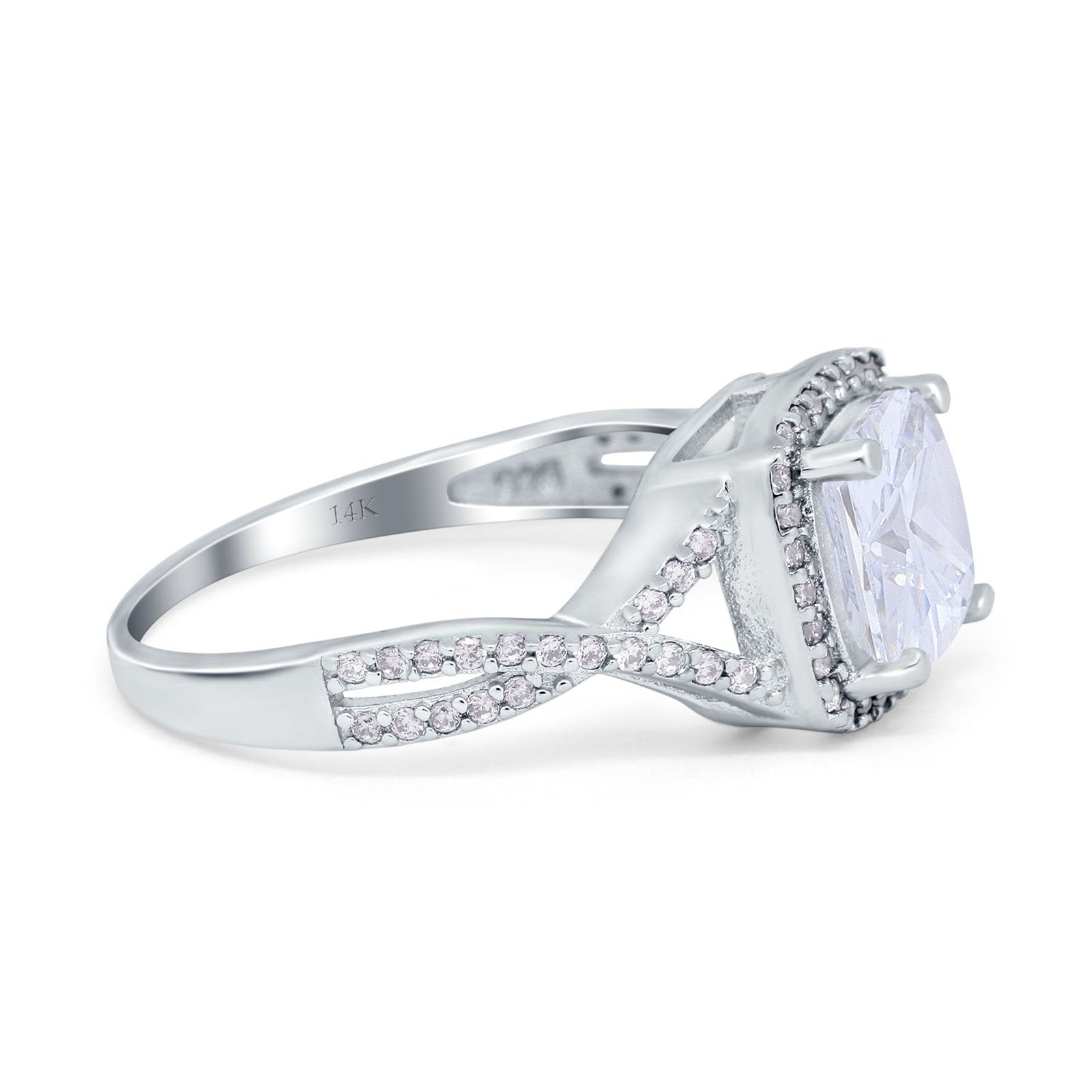 14K White Gold Cushion Infinity Shank Wedding Engagement Ring Round Simulated Cubic Zirconia