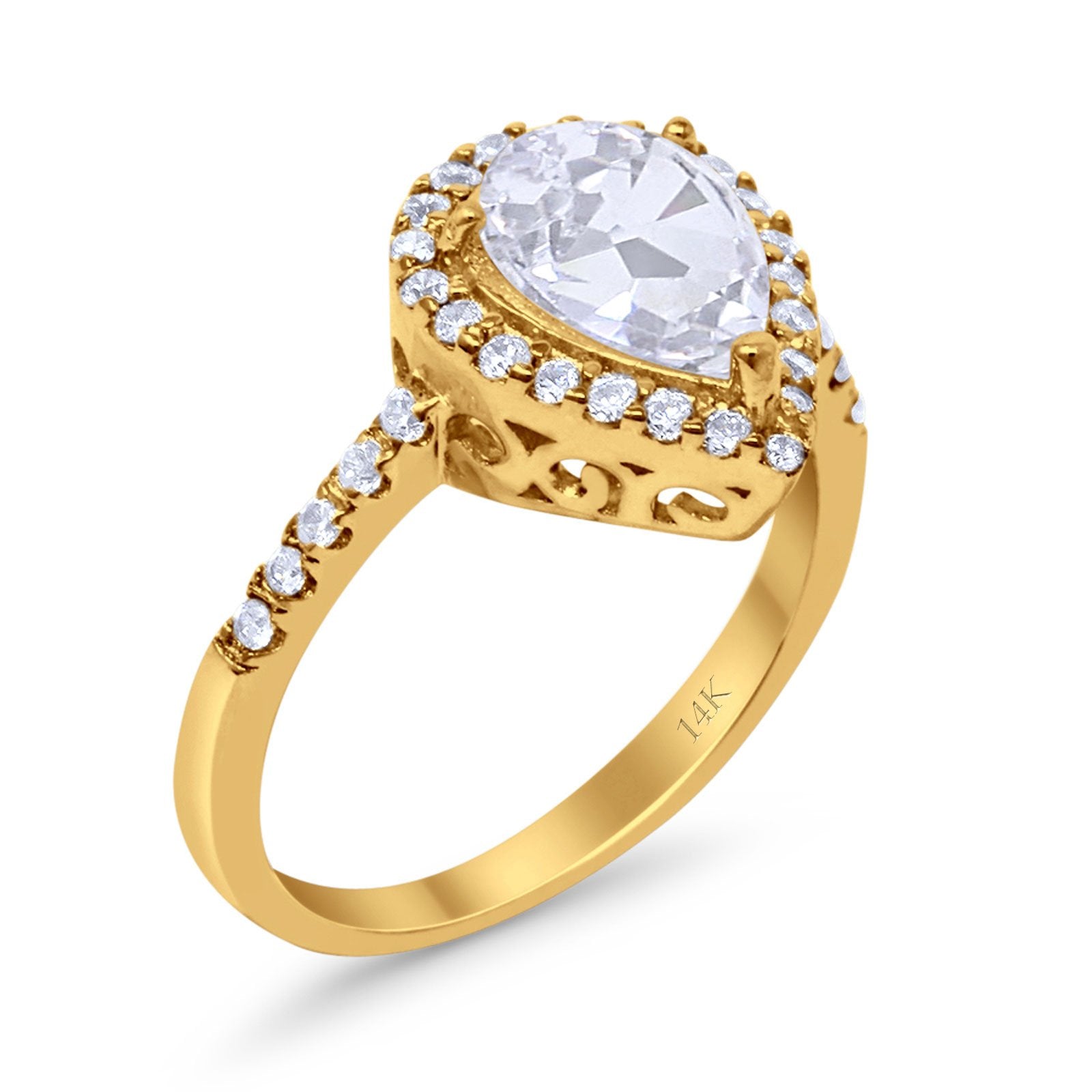 14K Yellow Gold Halo Teardrop Bridal Filigree Ring Simulated Cubic Zirconia