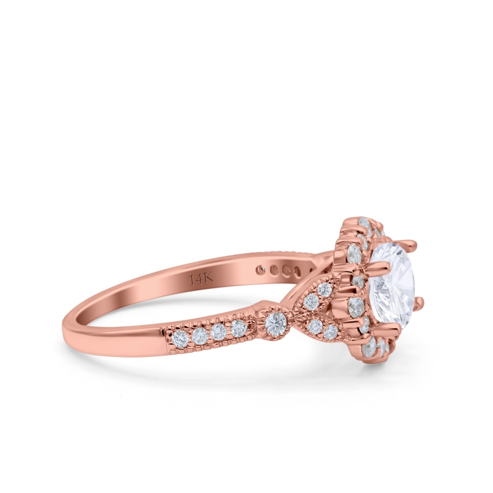 14K Rose Gold Floral Art Deco Engagement Ring Simulated Cubic Zirconia Size-7