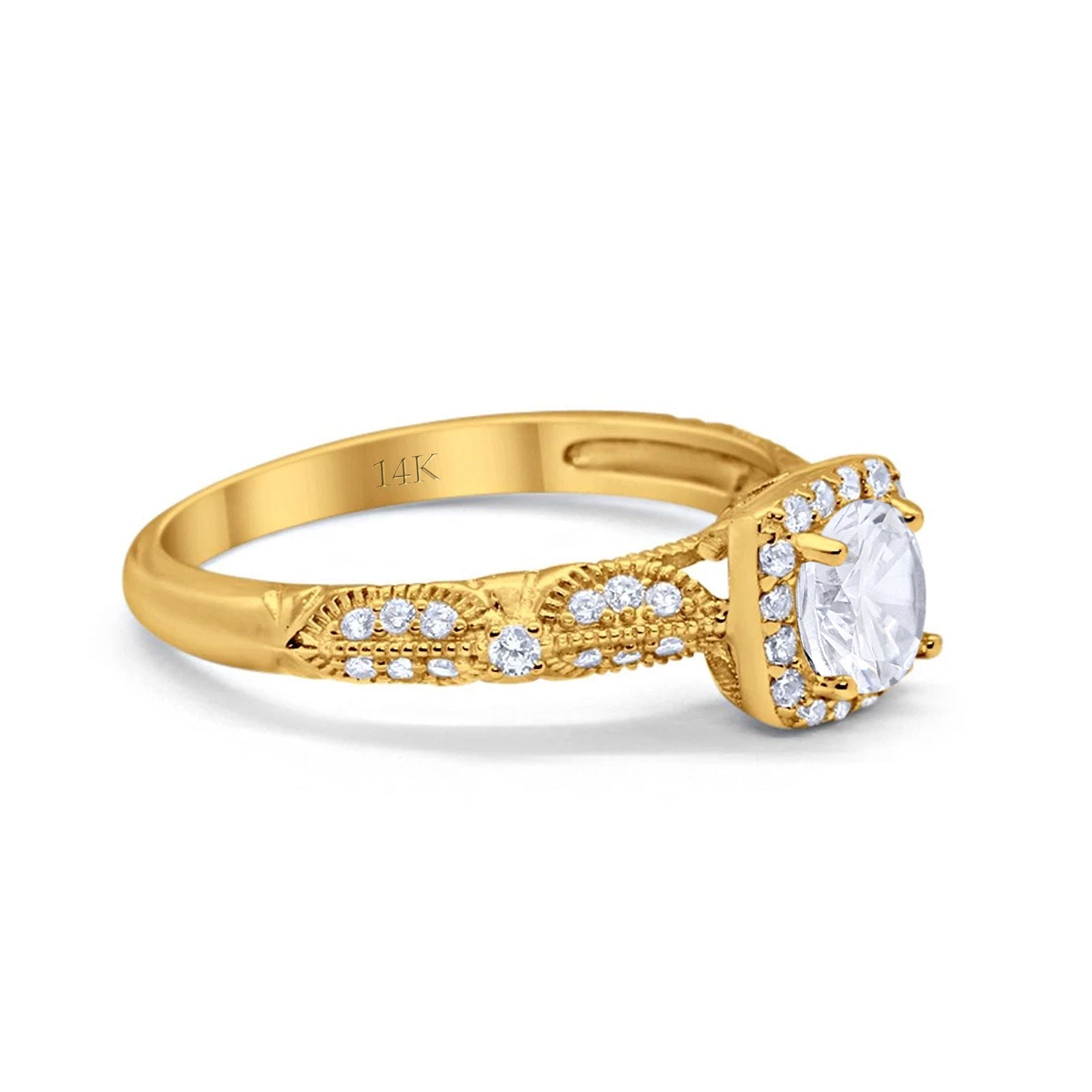 14K Yellow Gold Halo Round Bridal Wedding Engagement Ring Simulated CZ Size-7