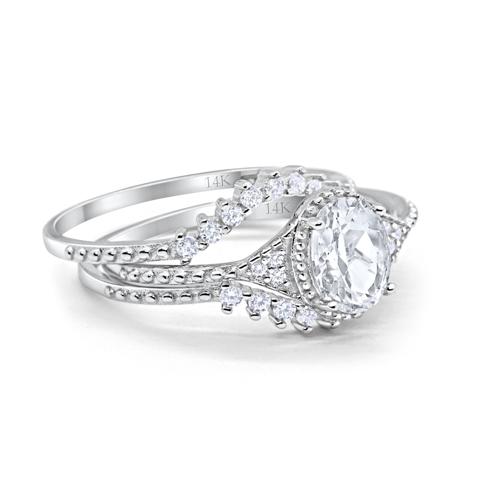 14K White Gold Three Piece Art Deco Bridal Set Band Oval Engagement Wedding Ring Simulated CZ Size-7