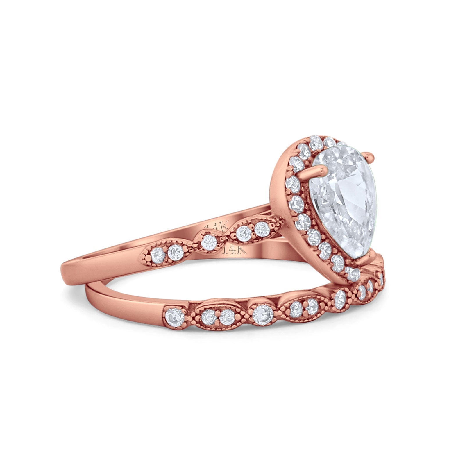 14K Rose Gold Pear Teardrop Bridal Set Ring Band Engagement Piece Simulated CZ Size-7