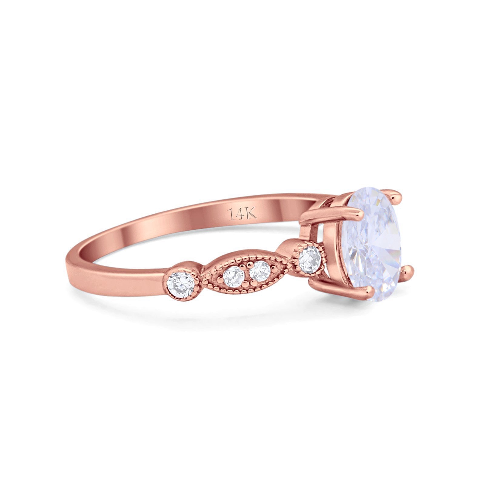 14K Rose Gold Vintage Style Oval Bridal Wedding Engagement Ring Simulated CZ