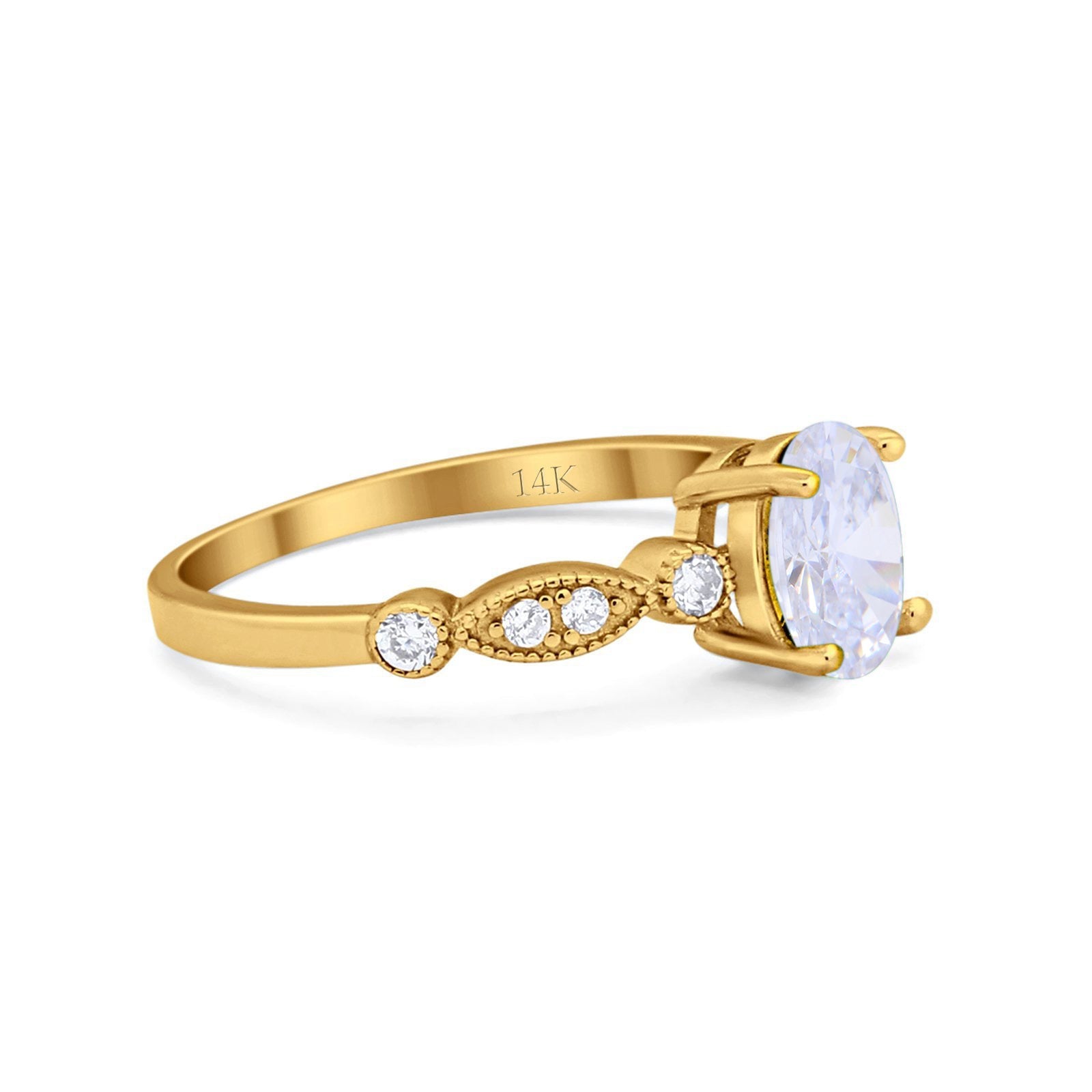 14K Yellow Gold Vintage Style Oval Bridal Wedding Engagement Ring Simulated CZ