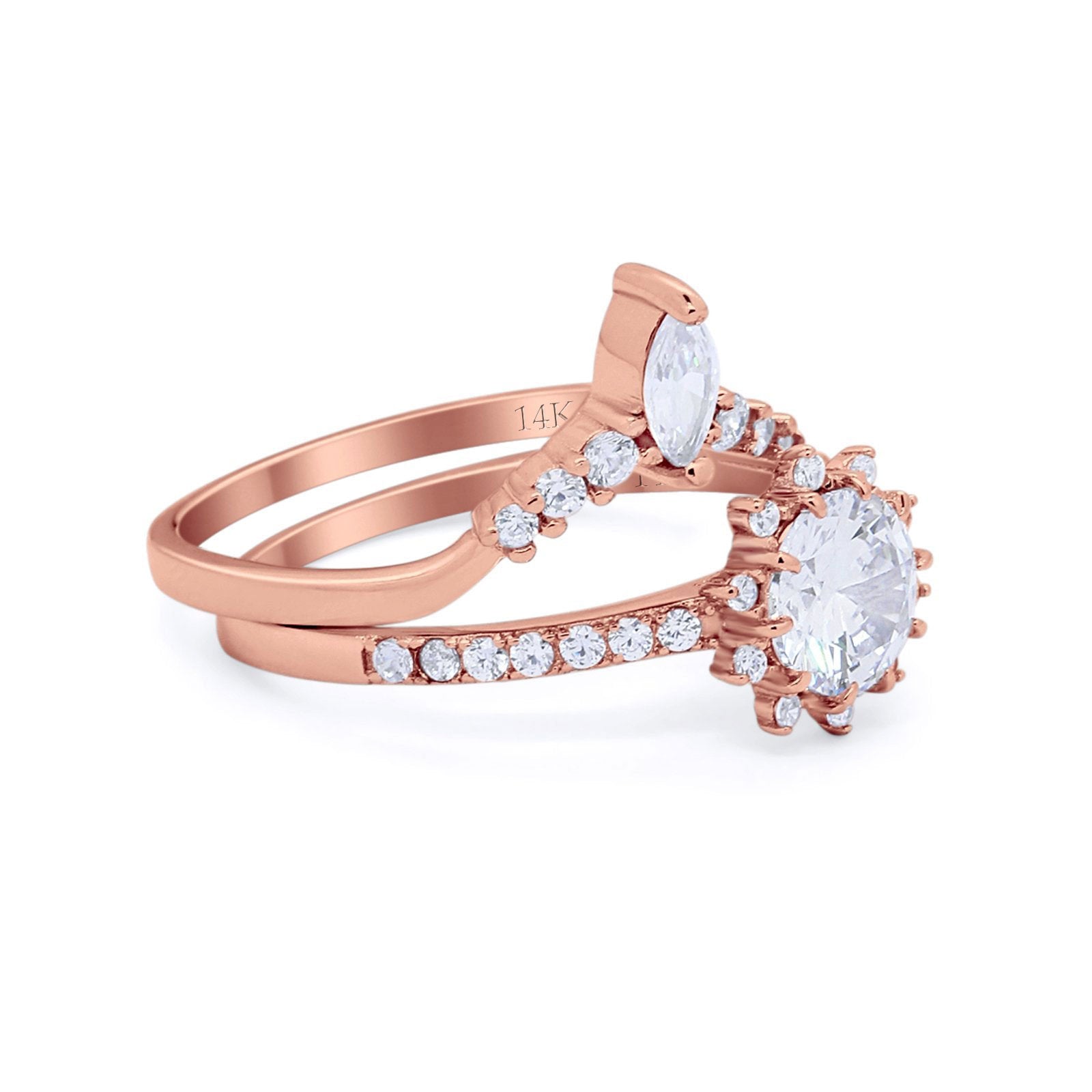 14K Rose Gold Two Piece Art Deco Bridal Set Ring Band Round Engagement Piece Simulated CZ Size-7