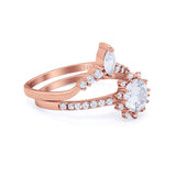 14K Rose Gold Two Piece Art Deco Bridal Set Ring Band Round Engagement Piece Simulated CZ Size-7