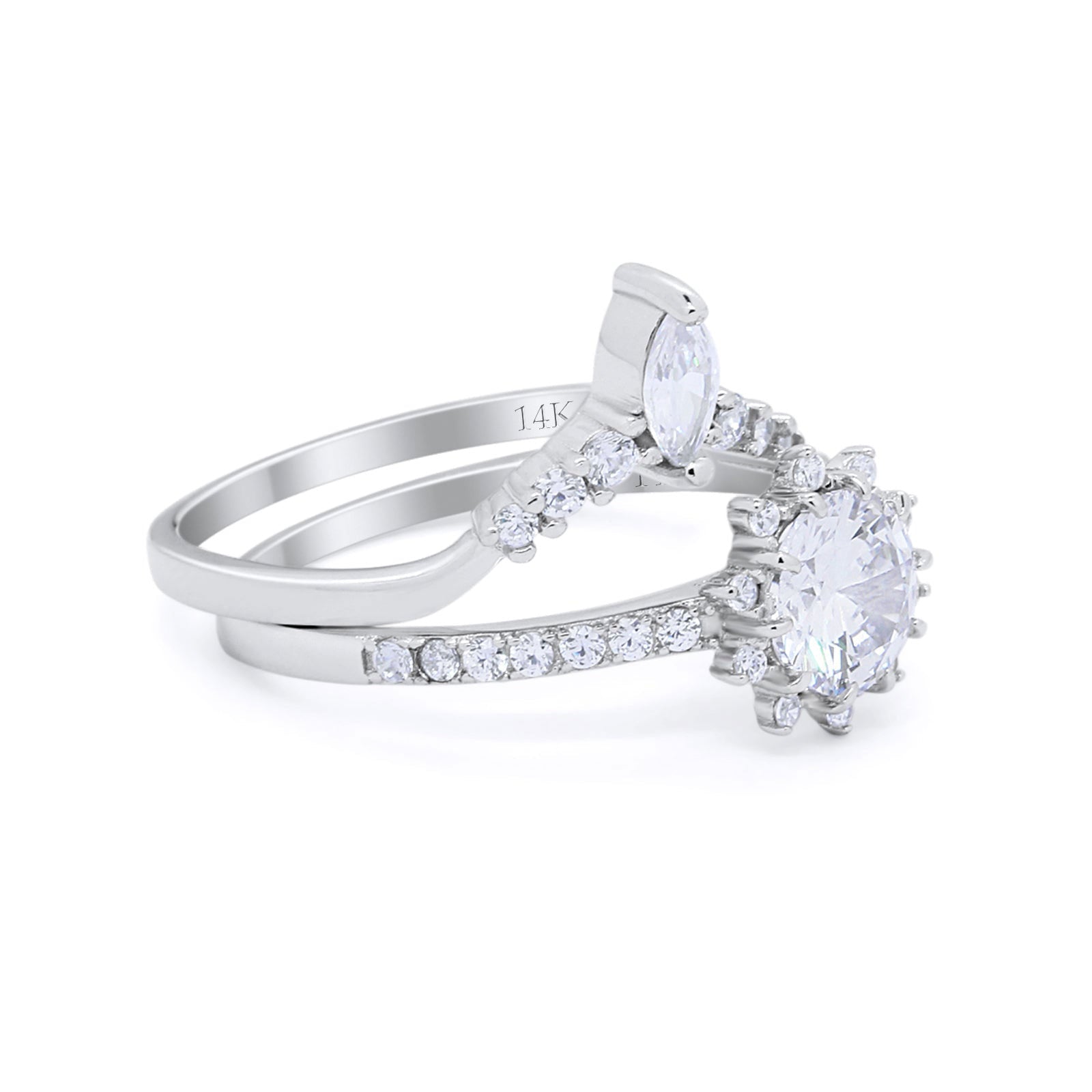 14K White Gold Two Piece Art Deco Bridal Set Ring Band Round Engagement Piece Simulated CZ Size-7