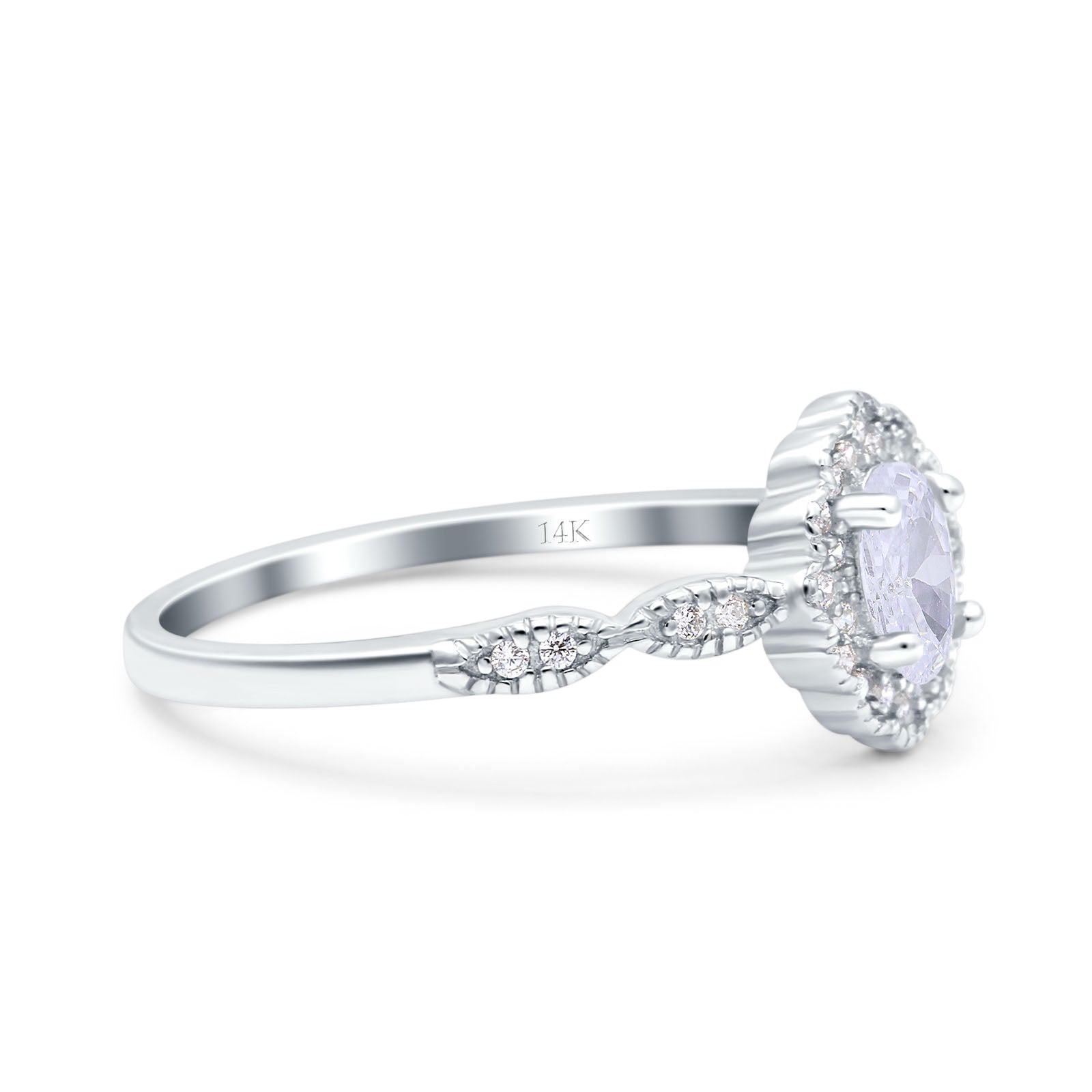 14K White Gold Halo Art Deco Oval Bridal Simulated CZ Wedding Engagement Ring Size-7