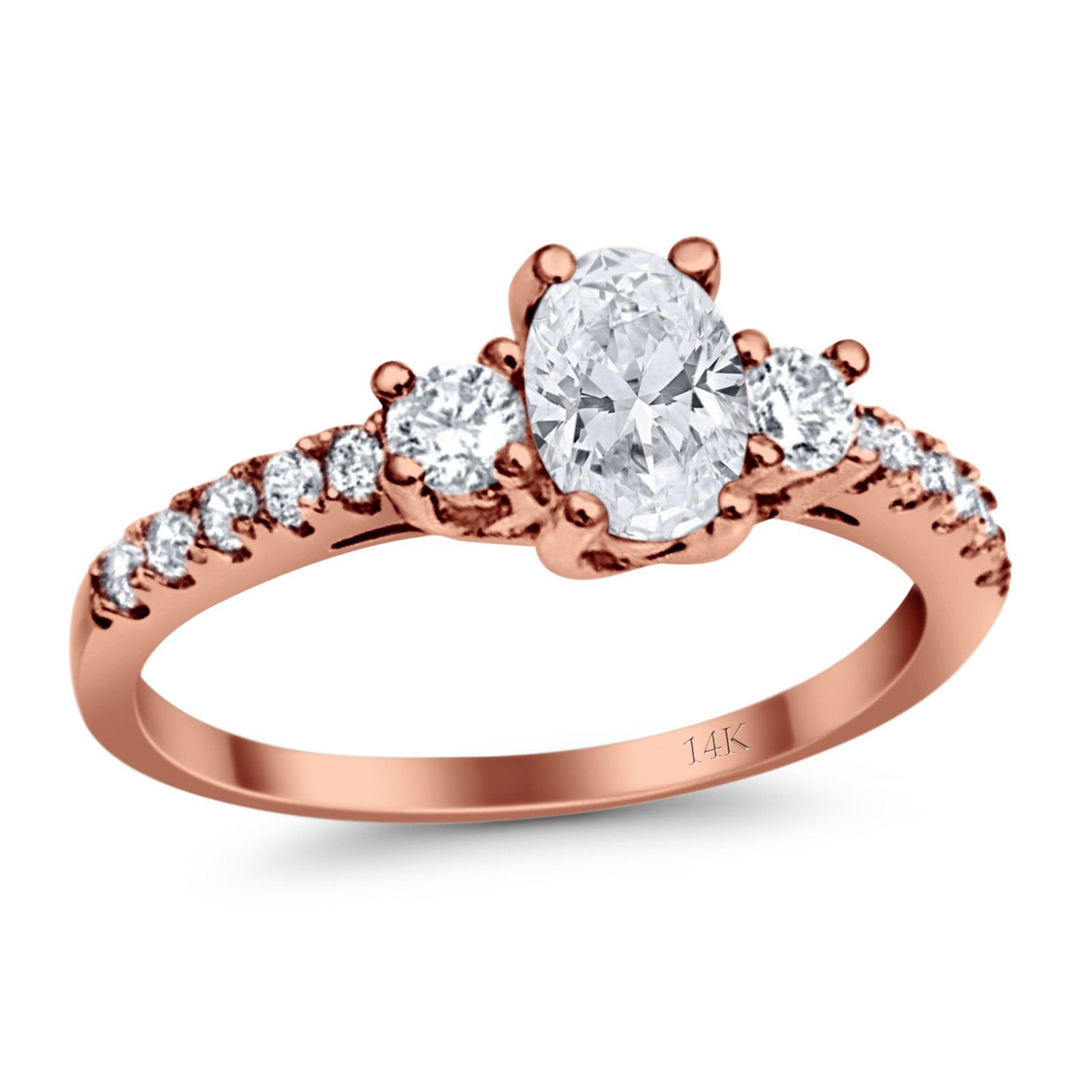 14K Rose Gold Oval Accent Wedding Ring Simulated Cubic Zirconia Size-7