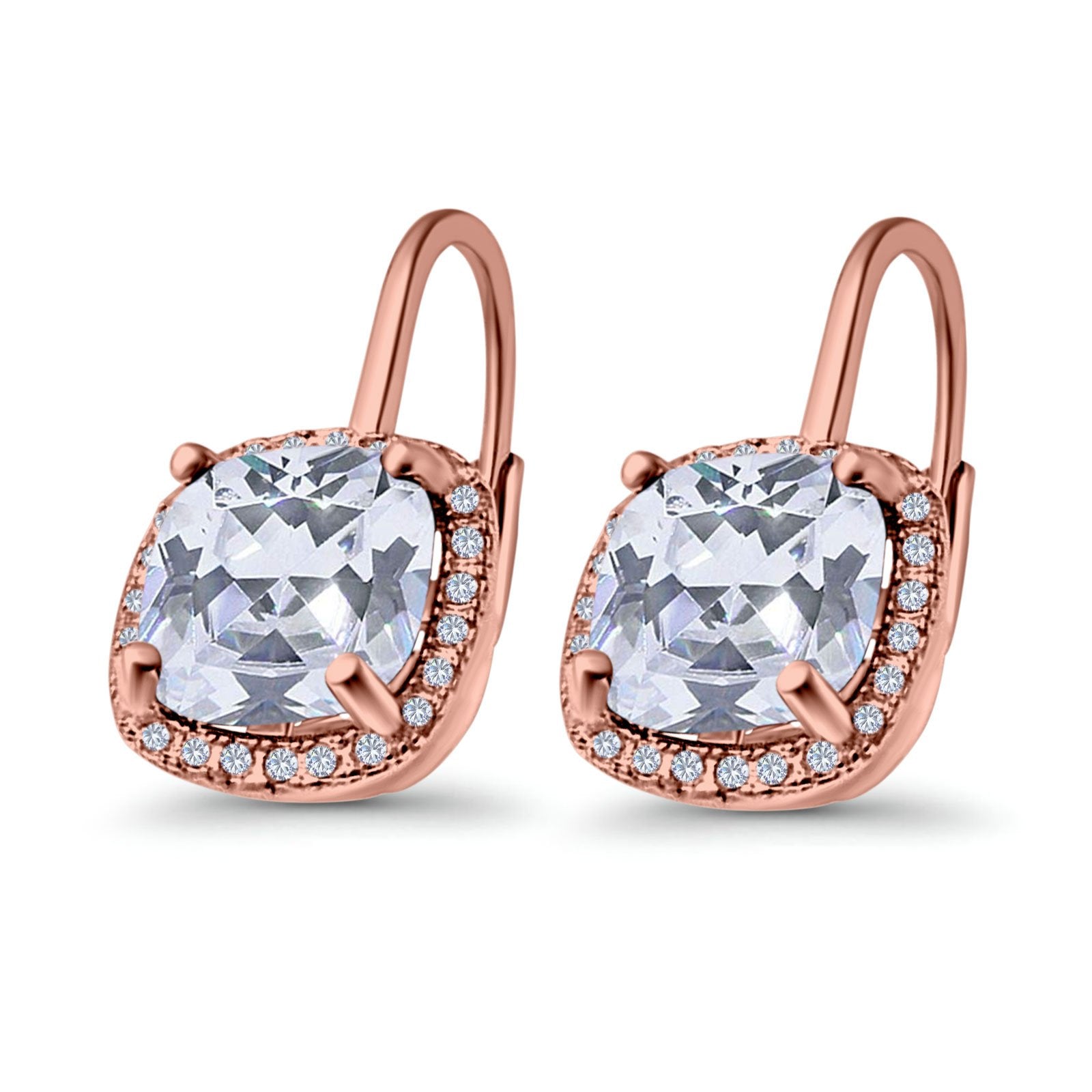 14K Rose Gold Cushion Halo Leverback Earrings Round Cubic Zirconia