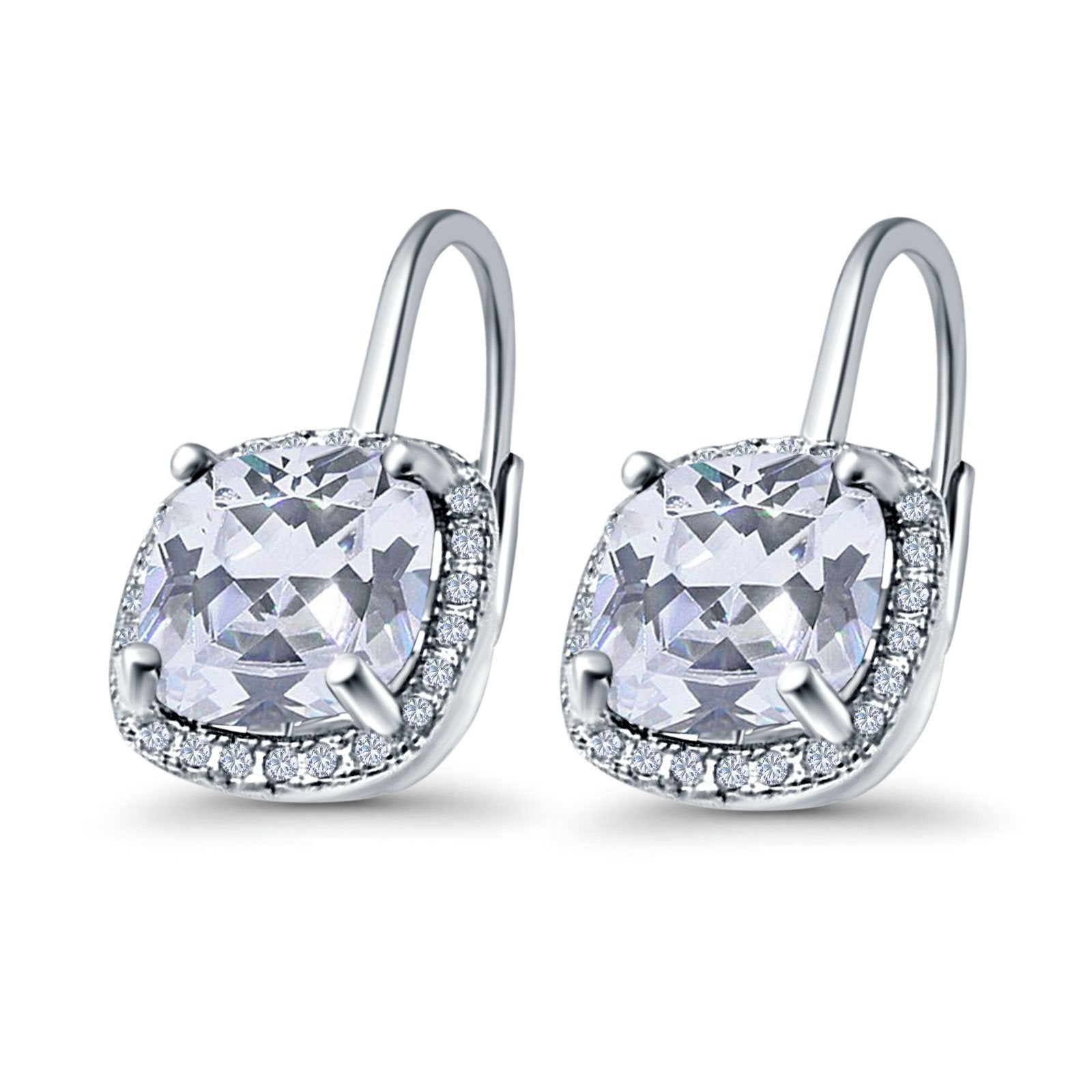 14K White Gold Cushion Halo Leverback Earrings Round Cubic Zirconia