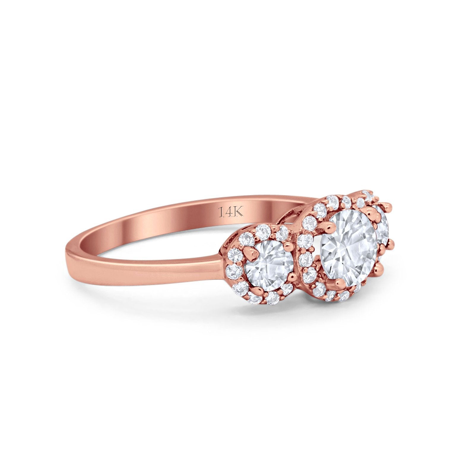 14K Rose Gold Round Three Stone Bridal Simulated CZ Wedding Engagement Ring Size-7