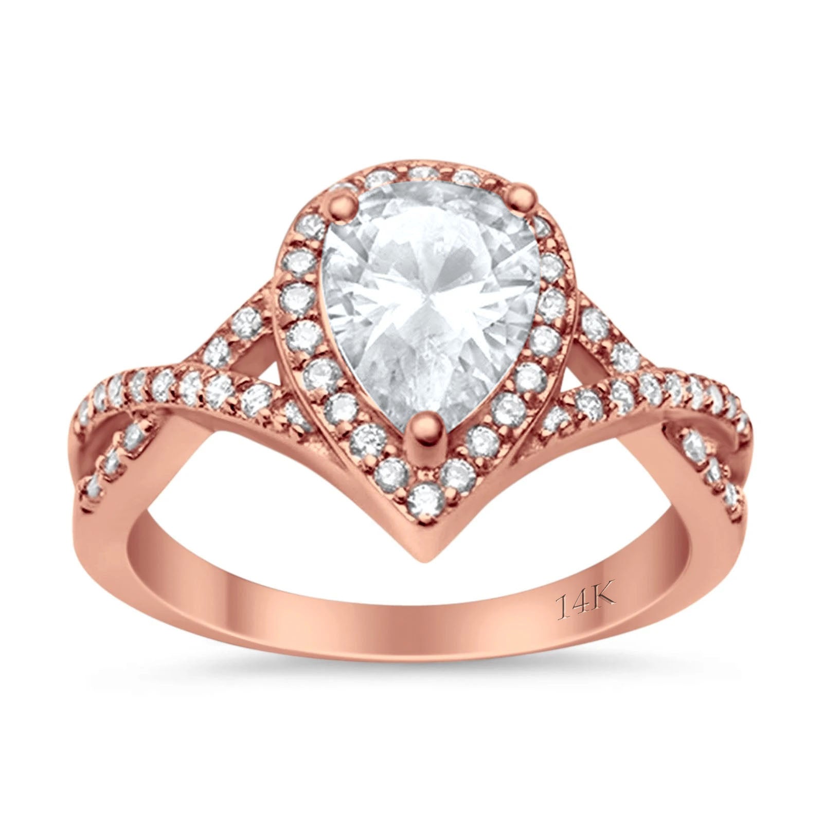 14K Rose Gold Teardrop Wedding Promise Ring Infinity Round Simulated CZ