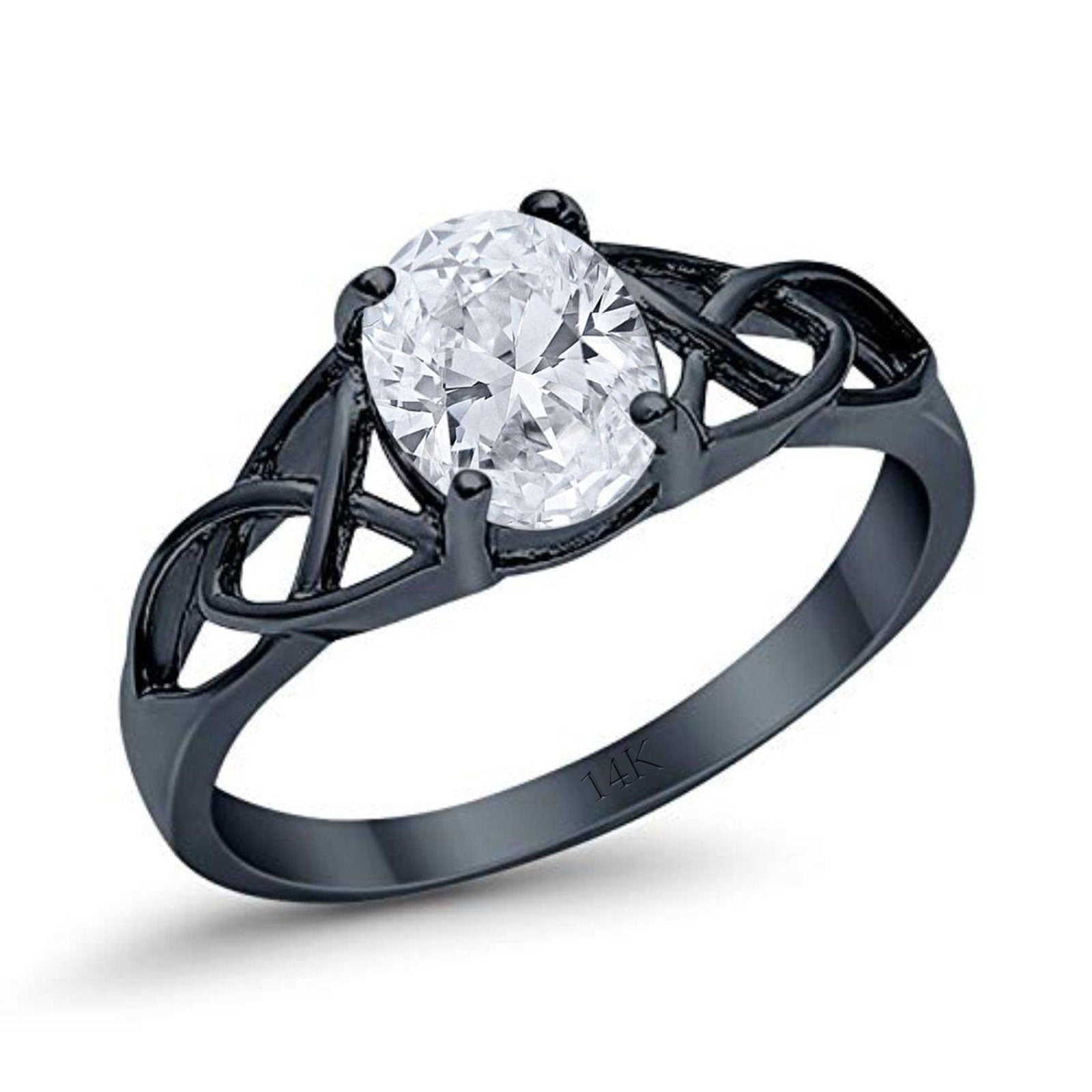 14K Black Gold Accent Solitaire Oval Bridal Wedding Engagement Ring Simulated CZ Size-7
