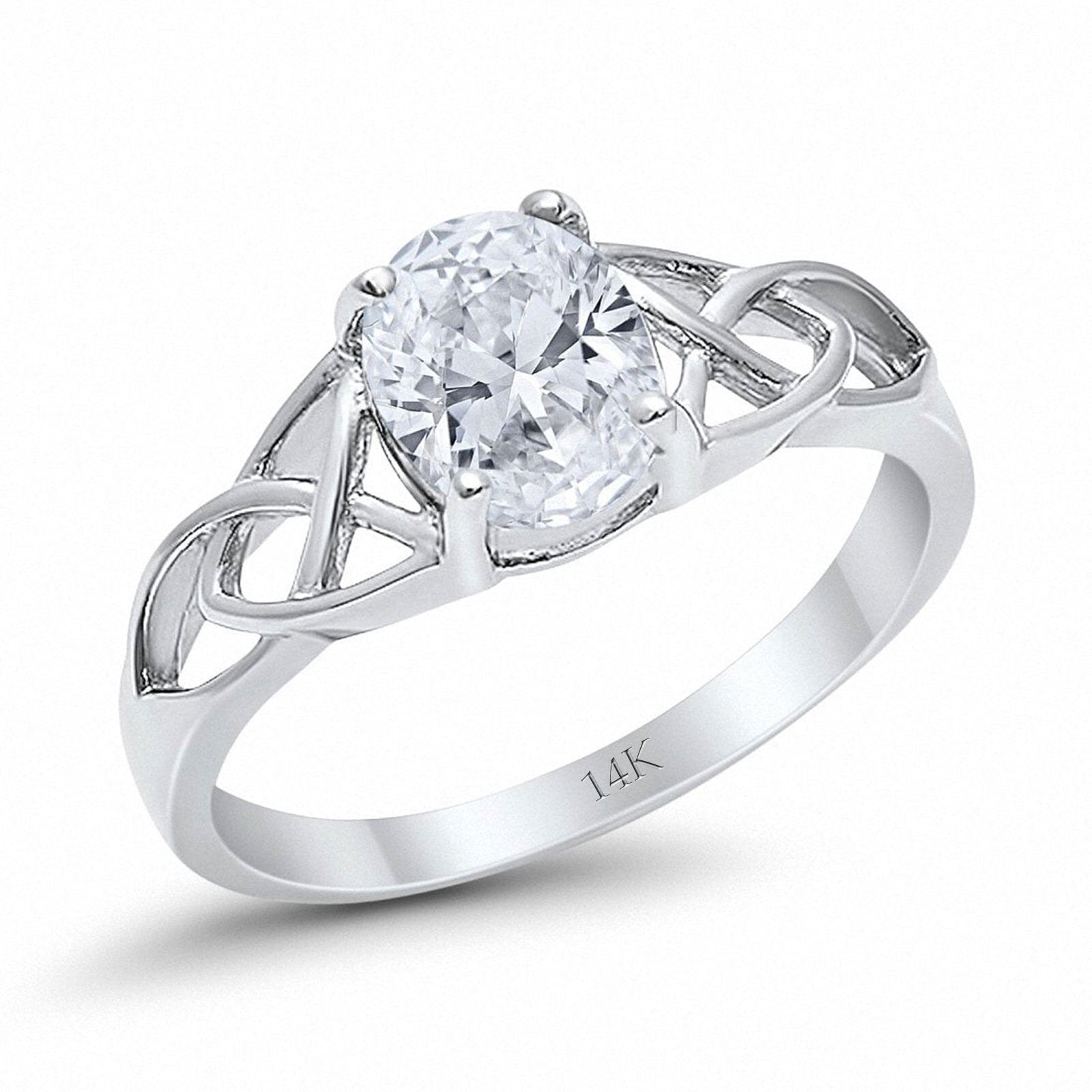 14K White Gold Accent Solitaire Oval Bridal Wedding Engagement Ring Simulated CZ Size-7