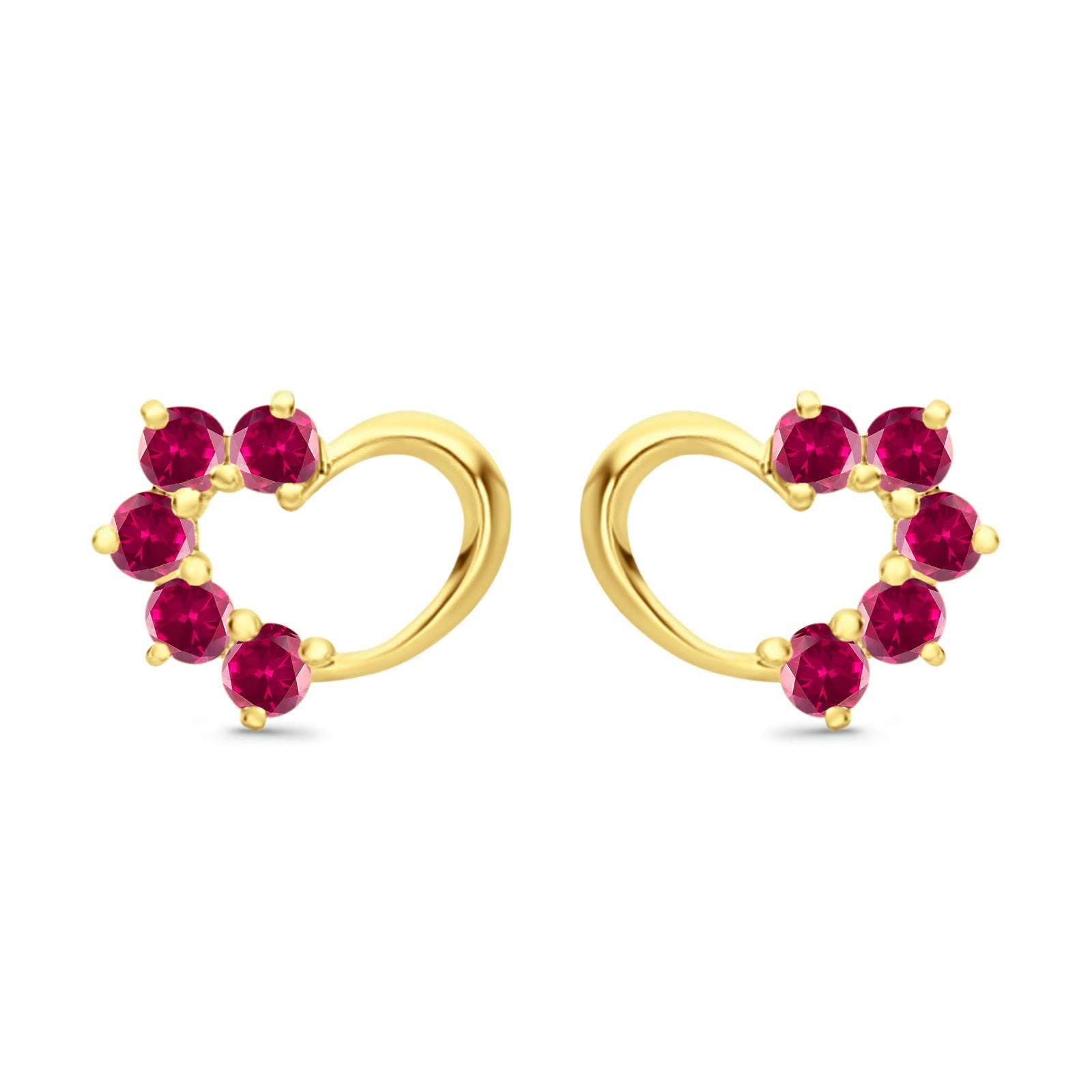 Solid 14K Yellow Gold Heart Stud Earrings Simulated Ruby CZ with Screw Back