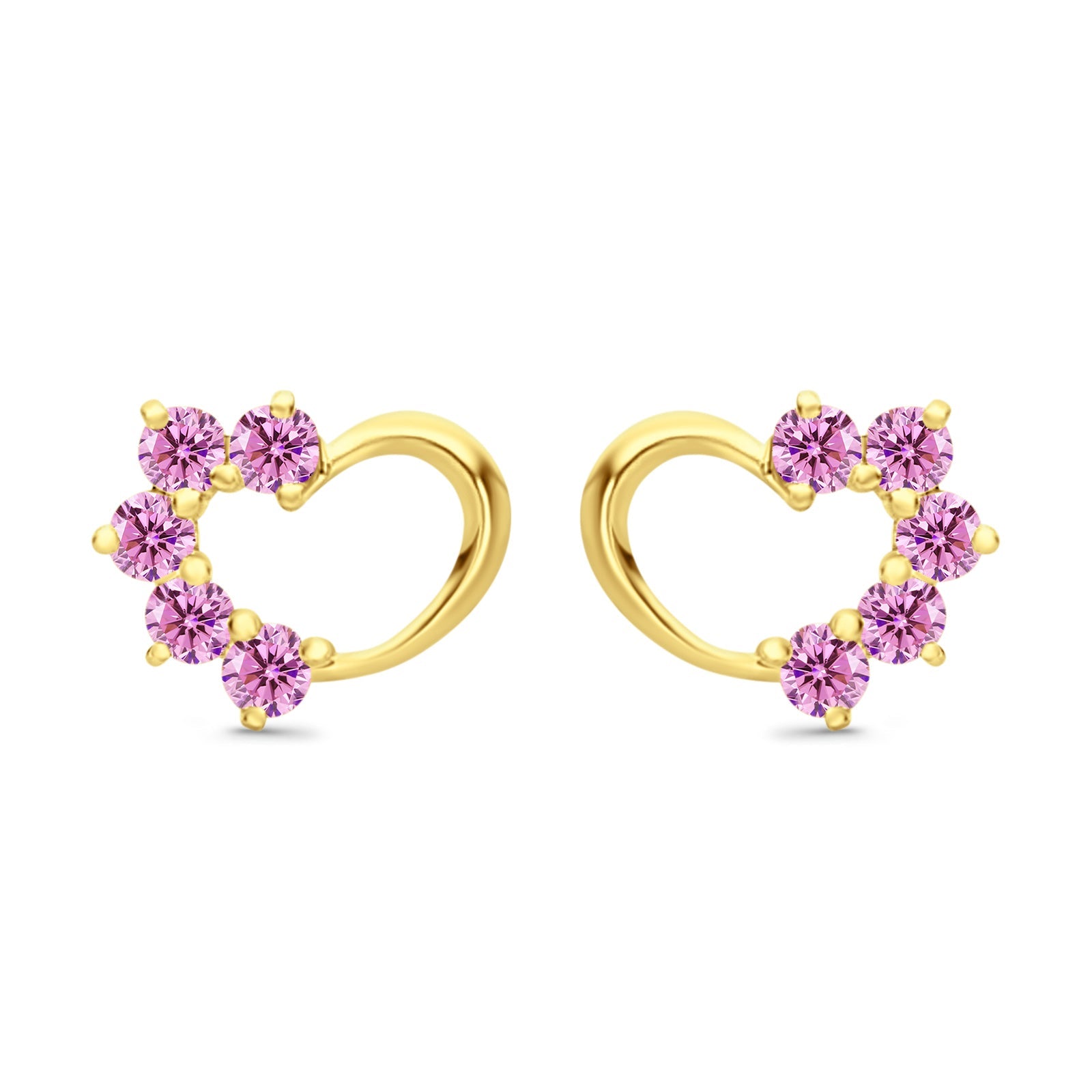 Solid 14K Yellow Gold Heart Stud Earrings Simulated Pink CZ with Screw Back