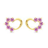 Solid 14K Yellow Gold Heart Stud Earrings Simulated Pink CZ with Screw Back