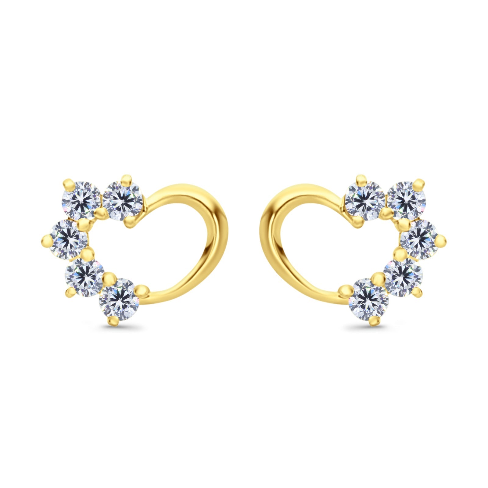 Solid 14K Yellow Gold Heart Stud Earrings Simulated Cubic Zirconia with Screw Back