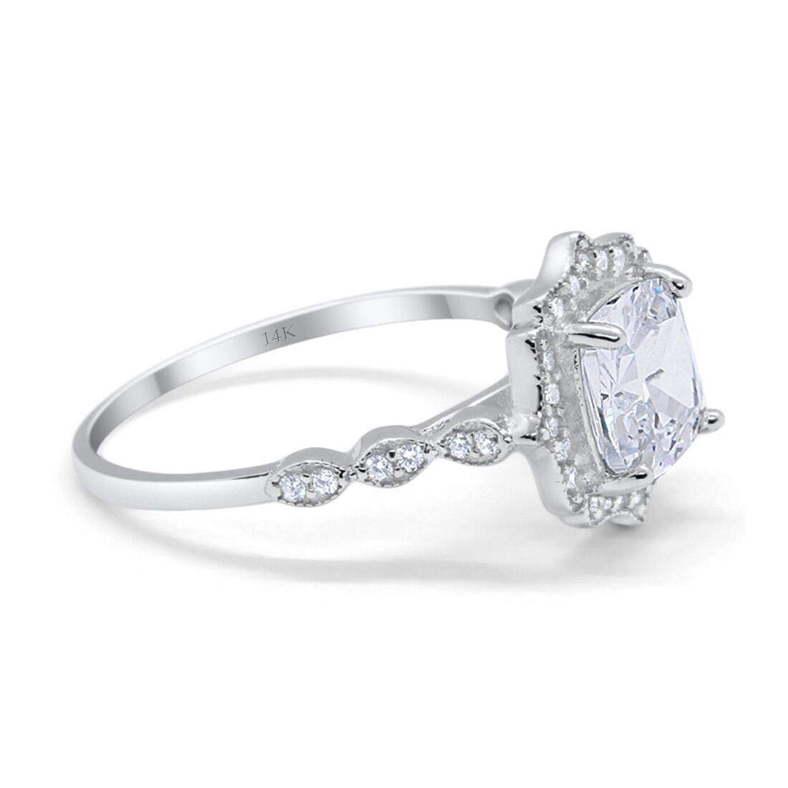 14K White Gold Art Deco Wedding Ring Cushion Cut Simulated Cubic Zirconia