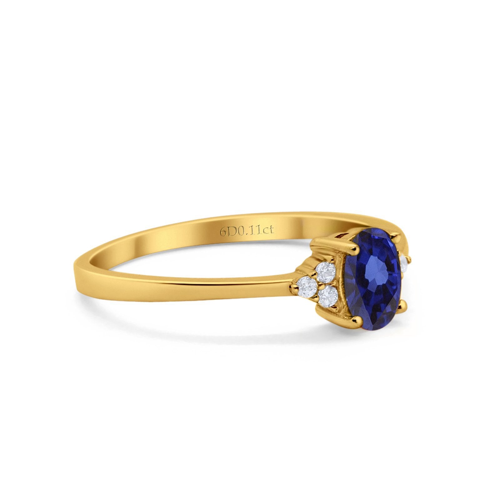 14K Yellow Gold 0.87ct Art Deco Oval 7mmx5mm G SI Nano Blue Sapphire Diamond Engagement Wedding Ring Size 6.5