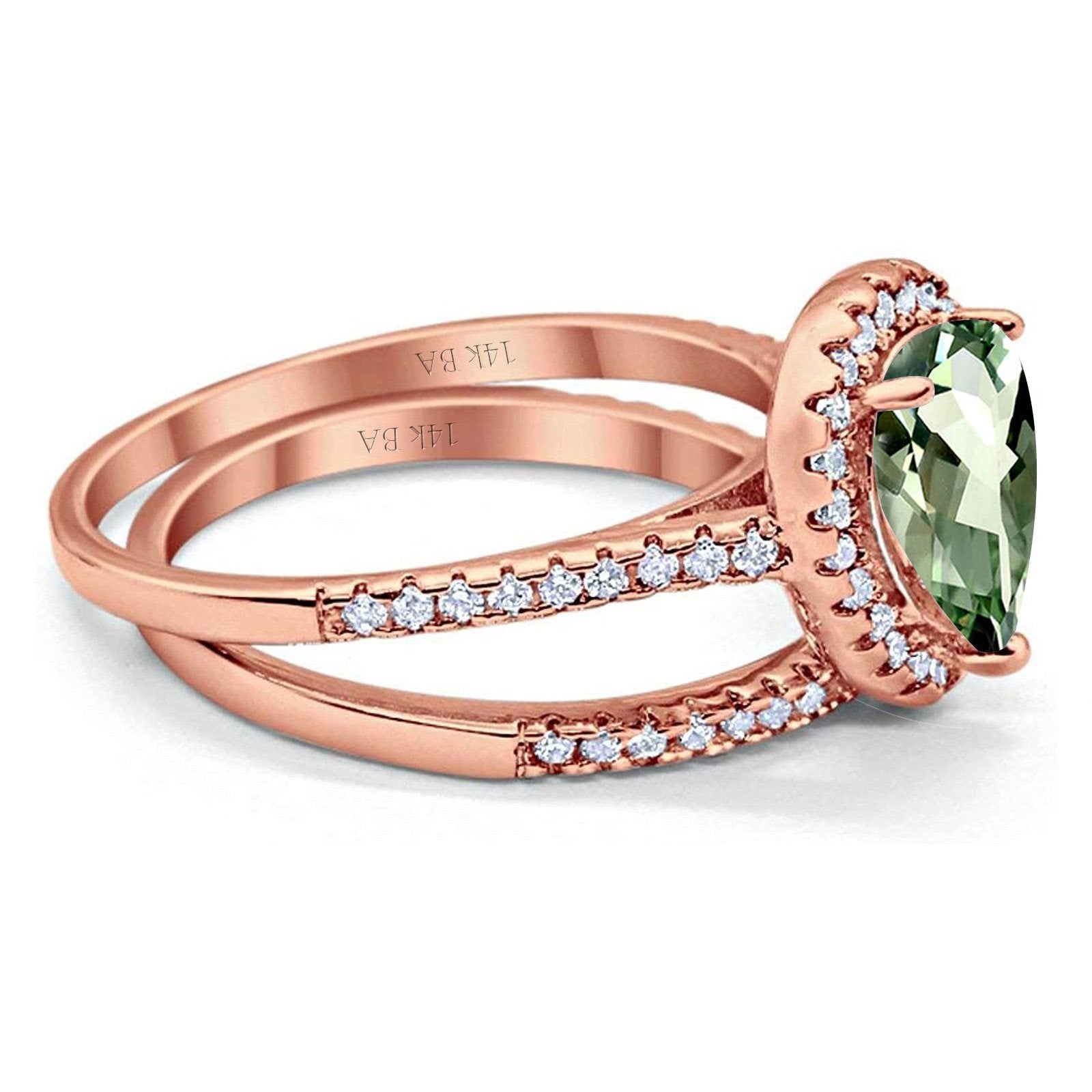 14K Rose Gold 1.62ct Pear 8mmx6mm G SI Natural Green Amethyst Diamond Bridal Engagement Wedding Ring Size 6.5