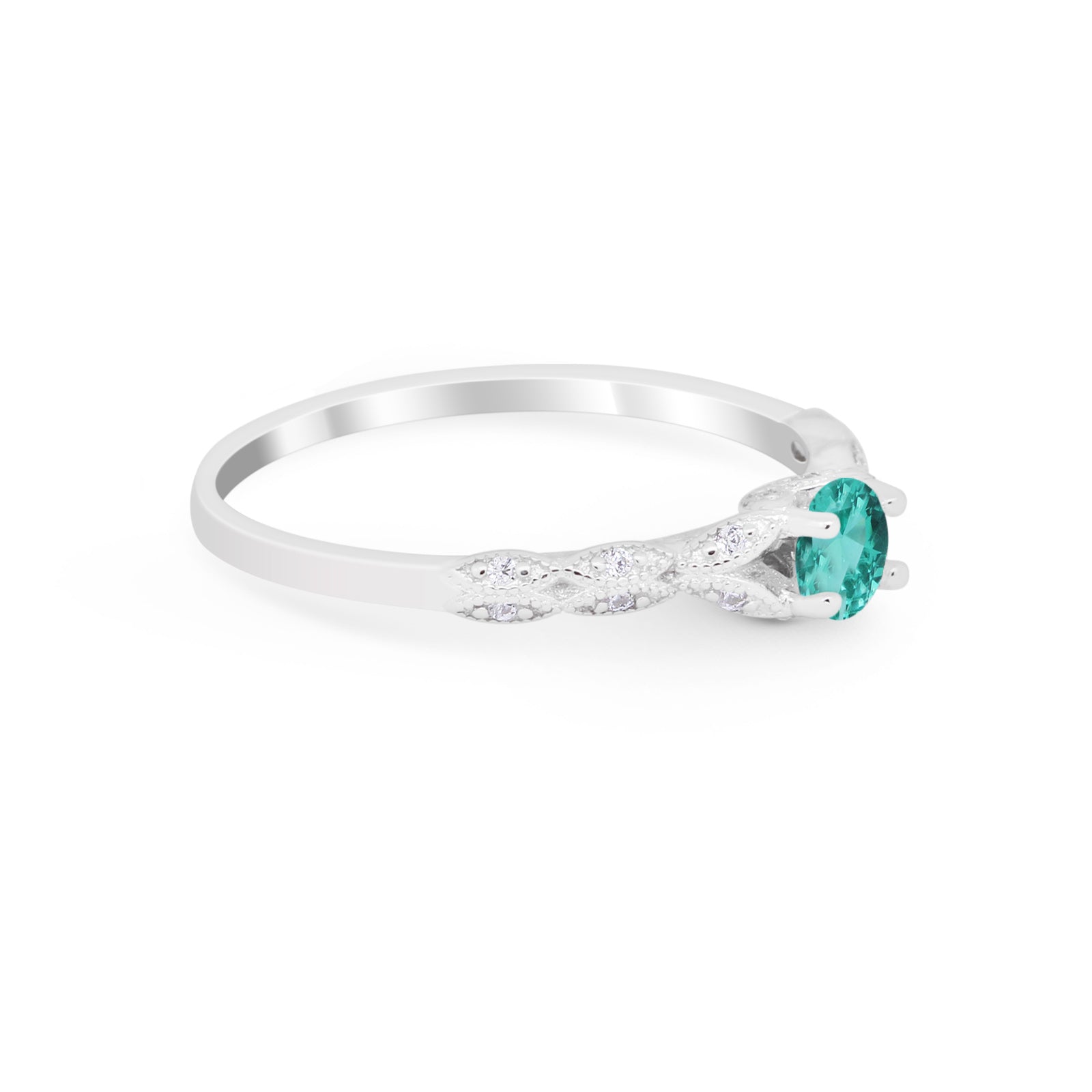 Petite Dainty Art Deco Wedding Ring Round Simulated Paraiba Tourmaline CZ 925 Sterling Silver