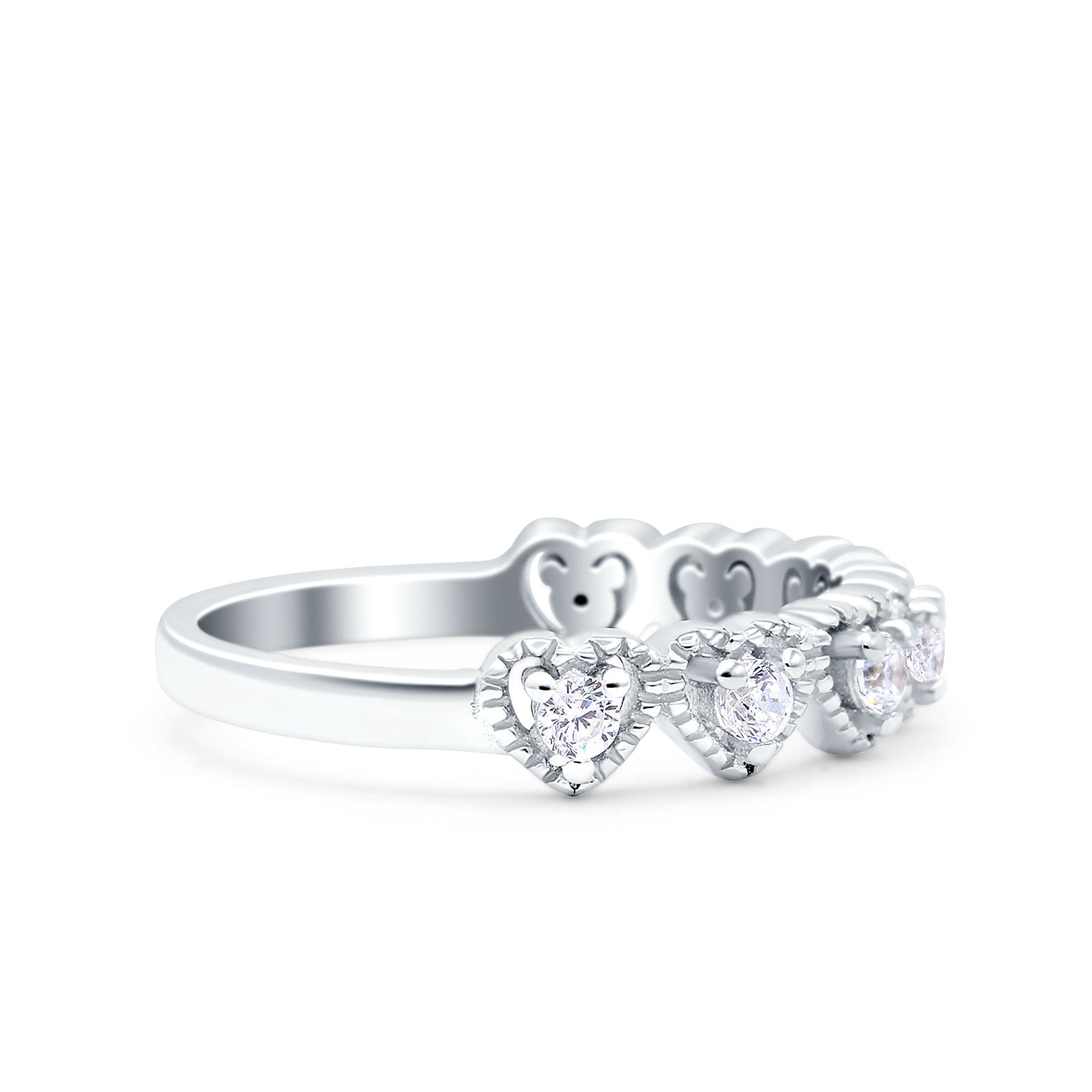Half Eternity Ring Wedding Band Heart Round Pave Simulated CZ 925 Sterling Silver (4mm)