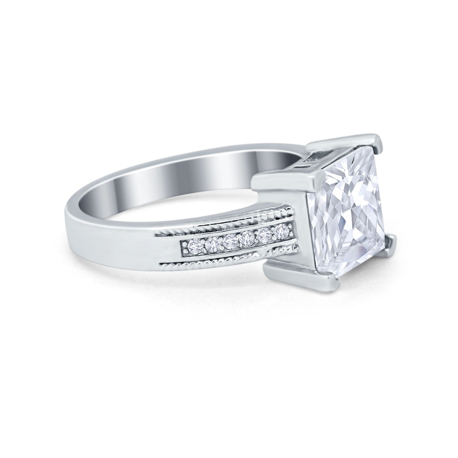 Cushion Cut Wedding Ring Simulated Cubic Zirconia Accent 925 Sterling Silver