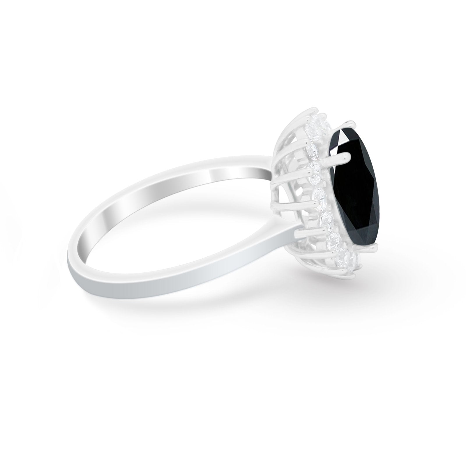 Floral Halo Oval Wedding Ring Simulated Black CZ 925 Sterling Silver