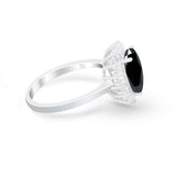 Floral Halo Oval Wedding Ring Simulated Black CZ 925 Sterling Silver