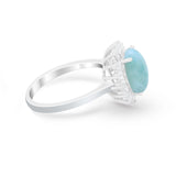 Floral Halo Oval Wedding Engagement  Simulated Larimar CZ Ring 925 Sterling Silver