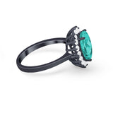 Halo Floral Oval Engagement Bridal Ring Black Tone, Simulated Paraiba Tourmaline CZ 925 Sterling Silver