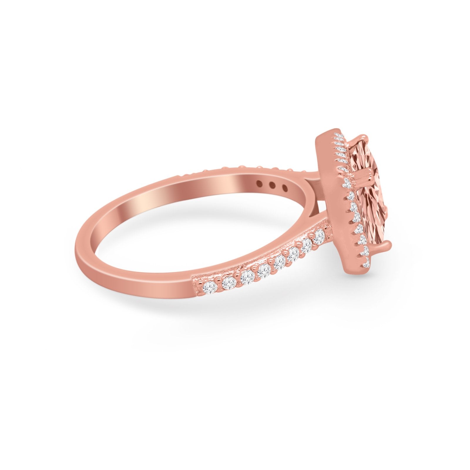 Halo Princess Cut Wedding Ring Rose Tone, Simulated Morganite CZ 925 Sterling Silver