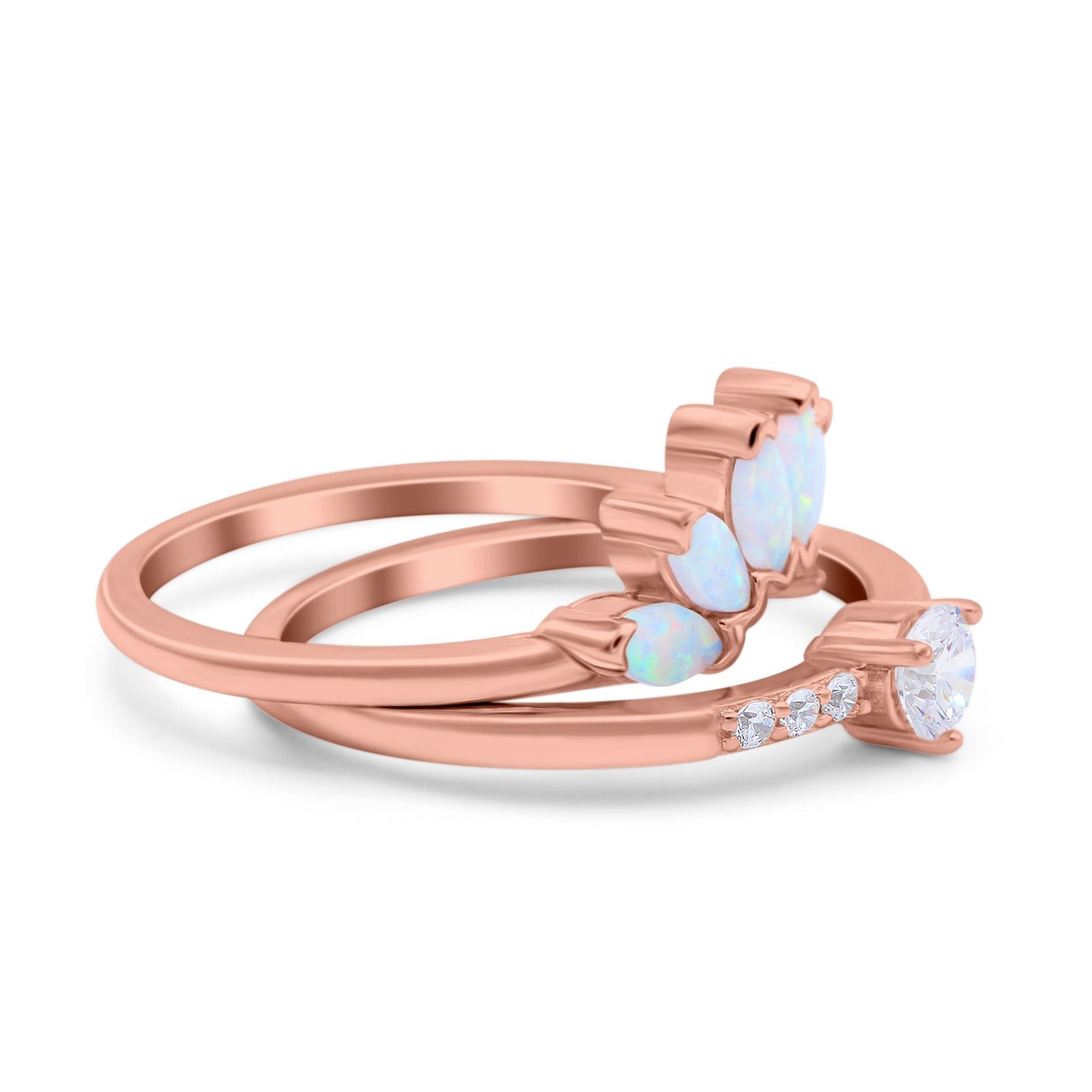 Two Piece Bridal Art Deco Wedding Ring Round Rose Tone, Simulated Cubic Zirconia 925 Sterling Silver