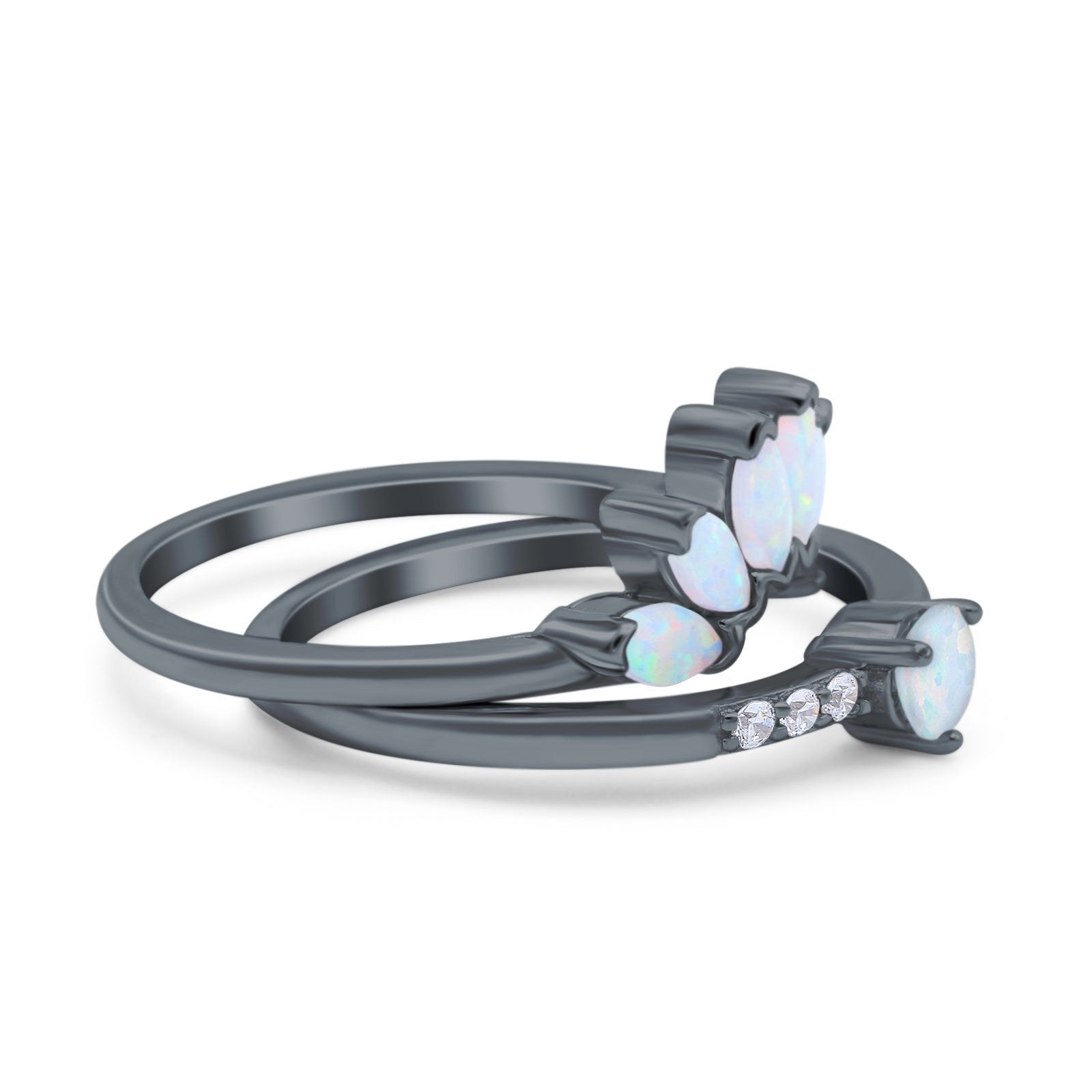 Two Piece Bridal Art Deco Wedding Ring Round Black Tone, Lab Created White Opal 925 Sterling Silver