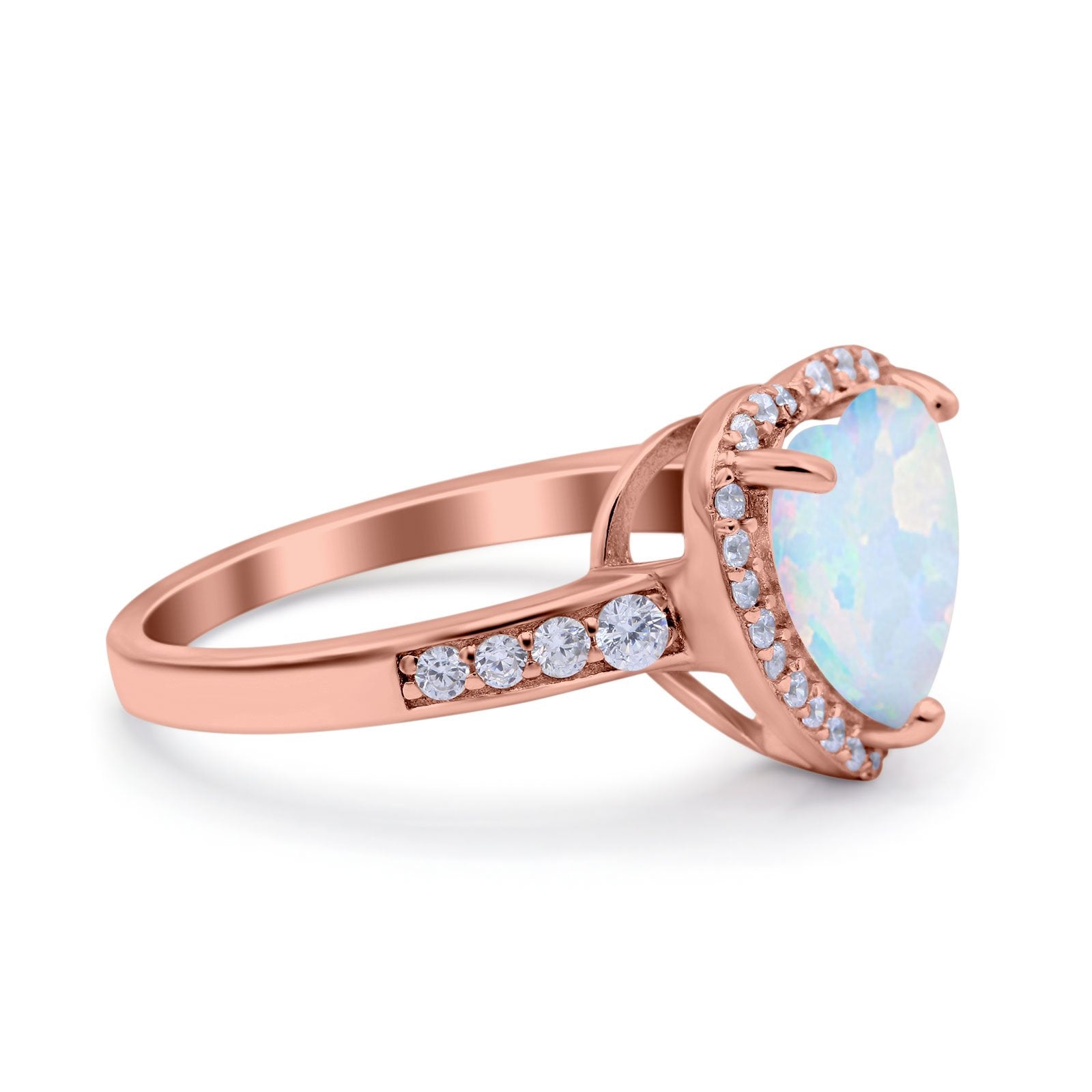 Halo Heart Promise Ring Rose Tone, Lab Created White Opal 925 Sterling Silver