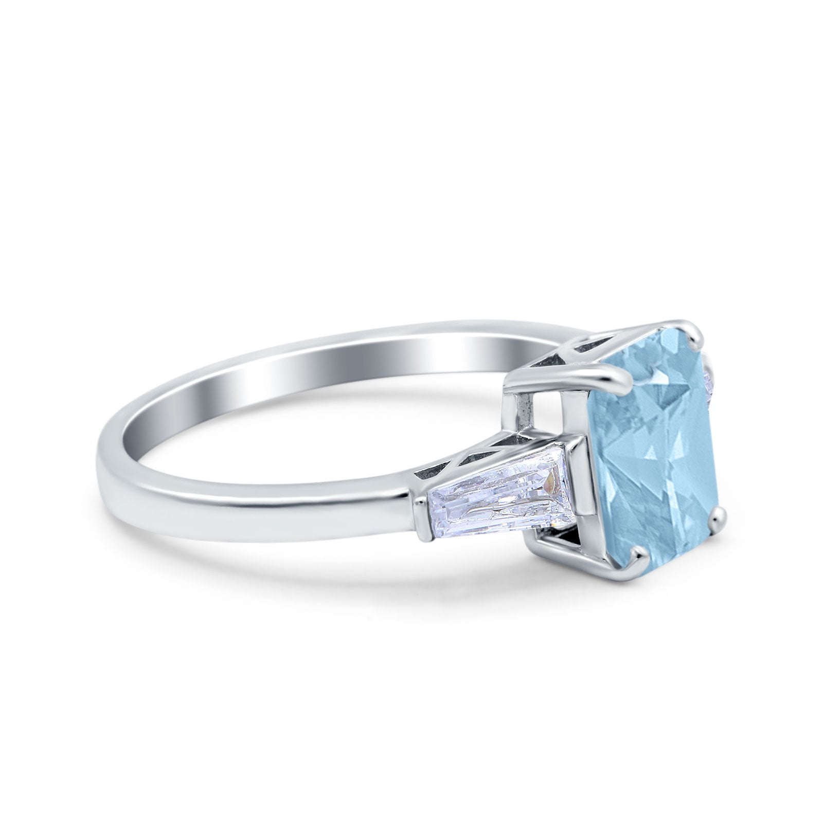 Art Deco Wedding Ring Emerald Cut Simulated Aquamarine CZ 925 Sterling Silver