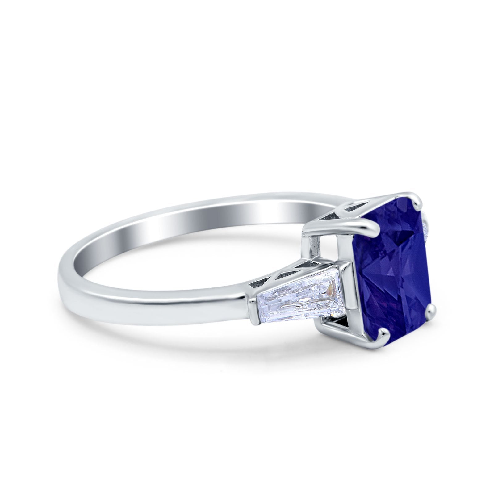 Art Deco Wedding Ring Emerald Cut Simulated Blue Sapphire CZ 925 Sterling Silver