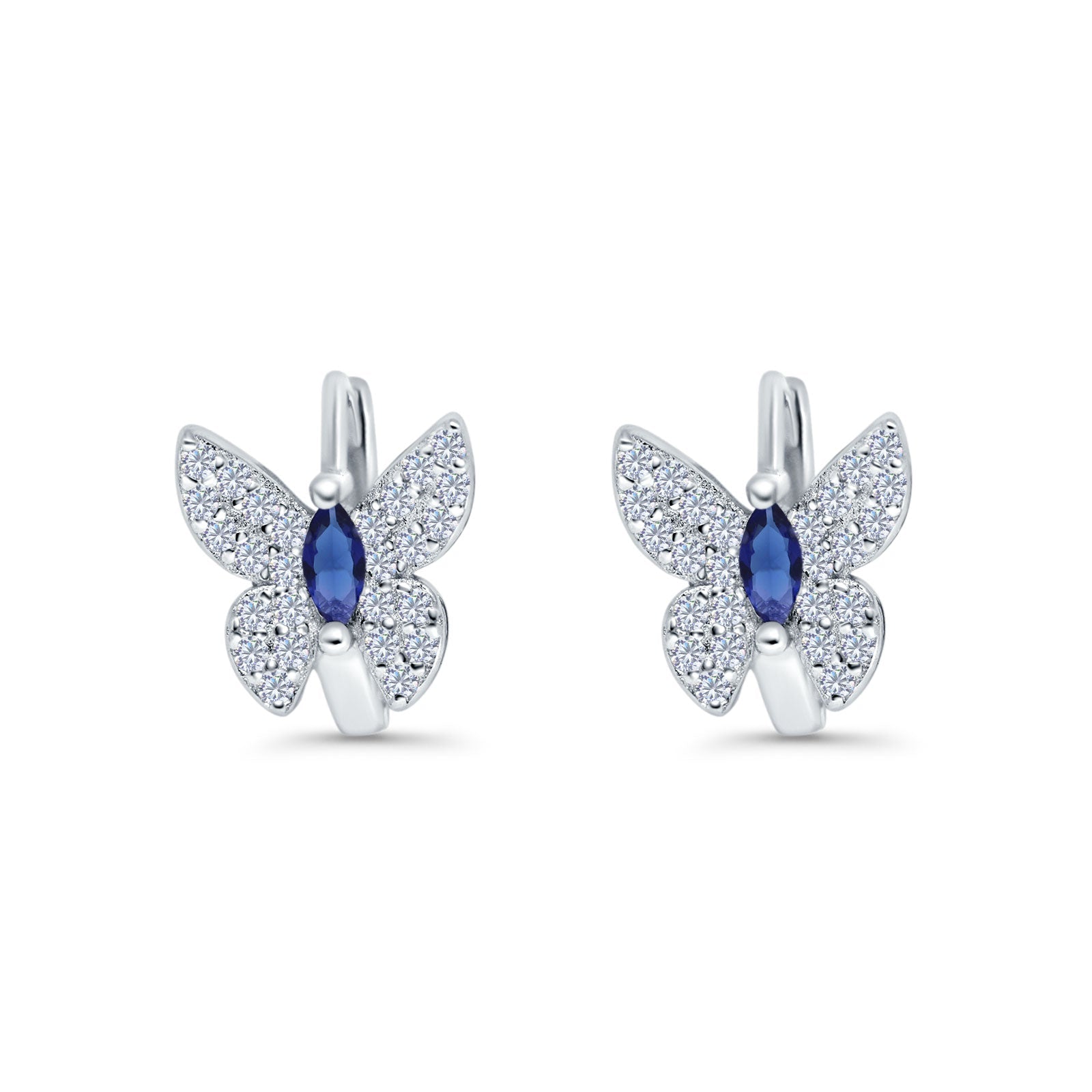 Butterfly Marquise Lever Back Earrings Hoop Huggie Design Simulated Blue Sapphire CZ 925 Sterling Silver (12mm)