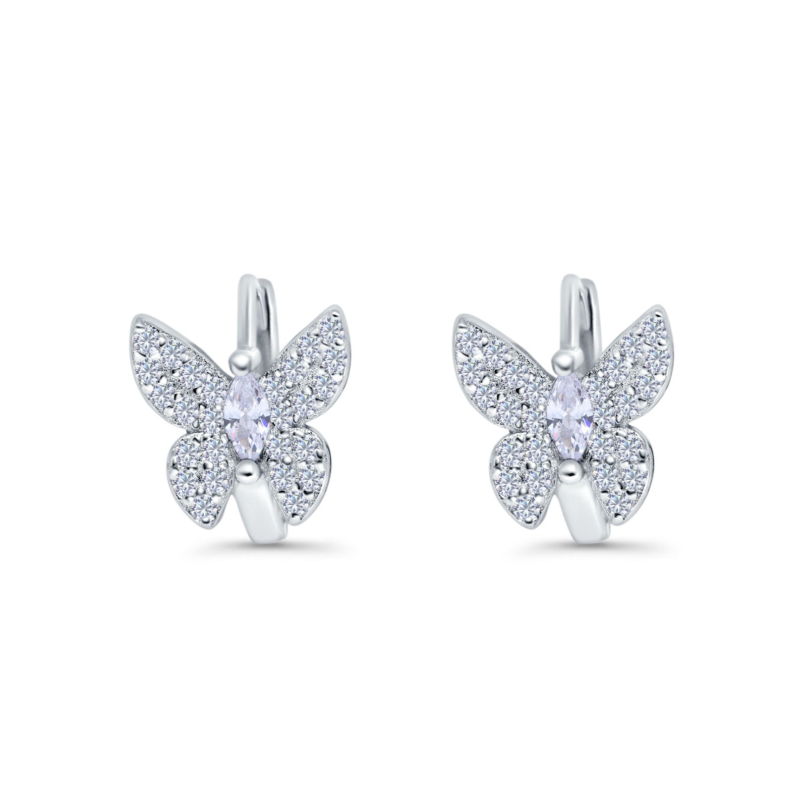 Butterfly Marquise Lever Back Earrings Hoop Huggie Design Simulated Cubic Zirconia 925 Sterling Silver (12mm)