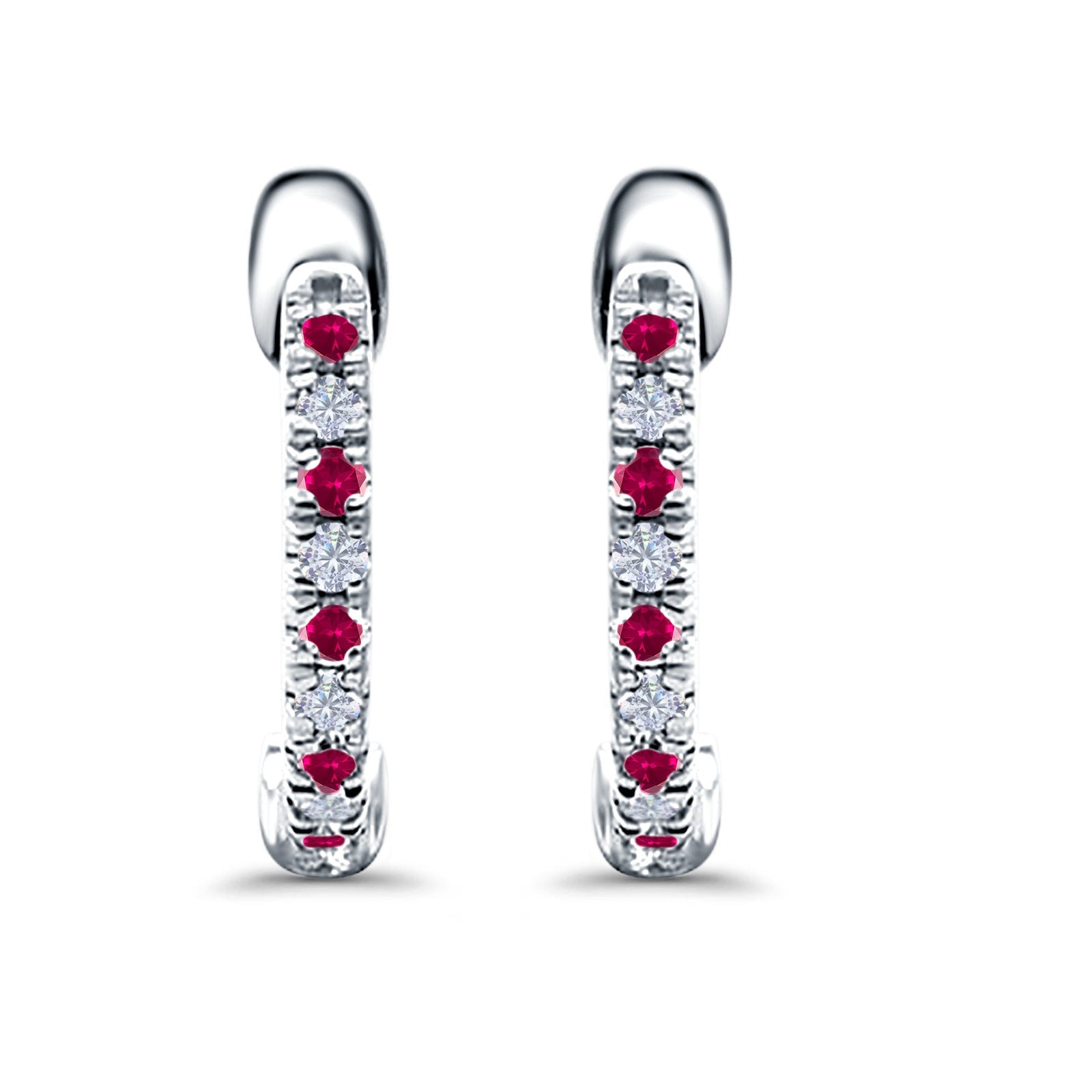 Half Eternity Hoop Earrings Round Simulated Ruby CZ 925 Sterling Silver (14mm)