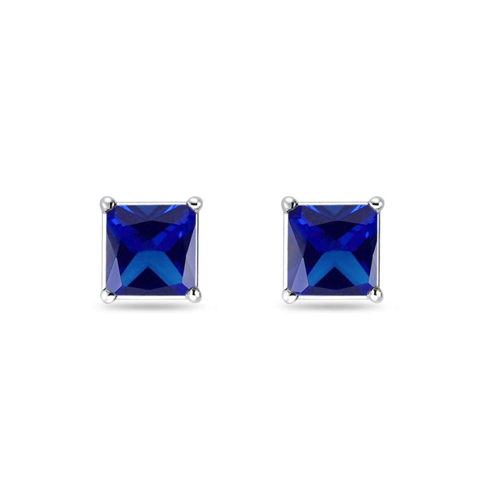 Solitaire Princess Cut Stud Earrings Simulated Blue Sapphire CZ 925 Sterling Silver