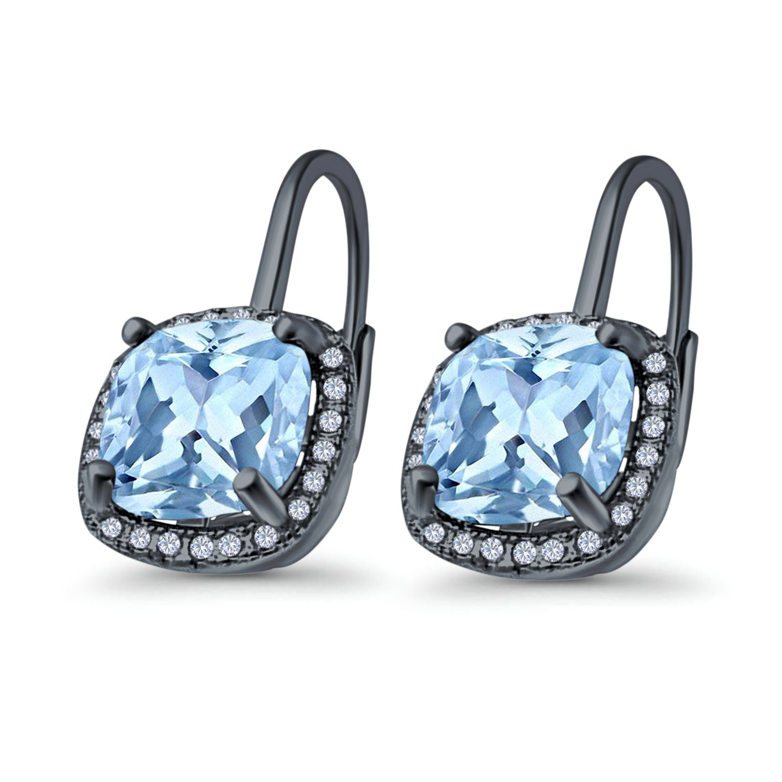 Halo Cushion Leverback Earrings Black Tone, Simulated Aquamarine CZ 925 Sterling Silver