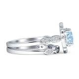 Two Piece Round Halo Floral Ring Aquamarine CZ 925 Sterling Silver Wholesale