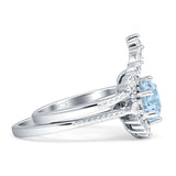Two Piece Round Halo Bridal Ring Aquamarine CZ 925 Sterling Silver Wholesale