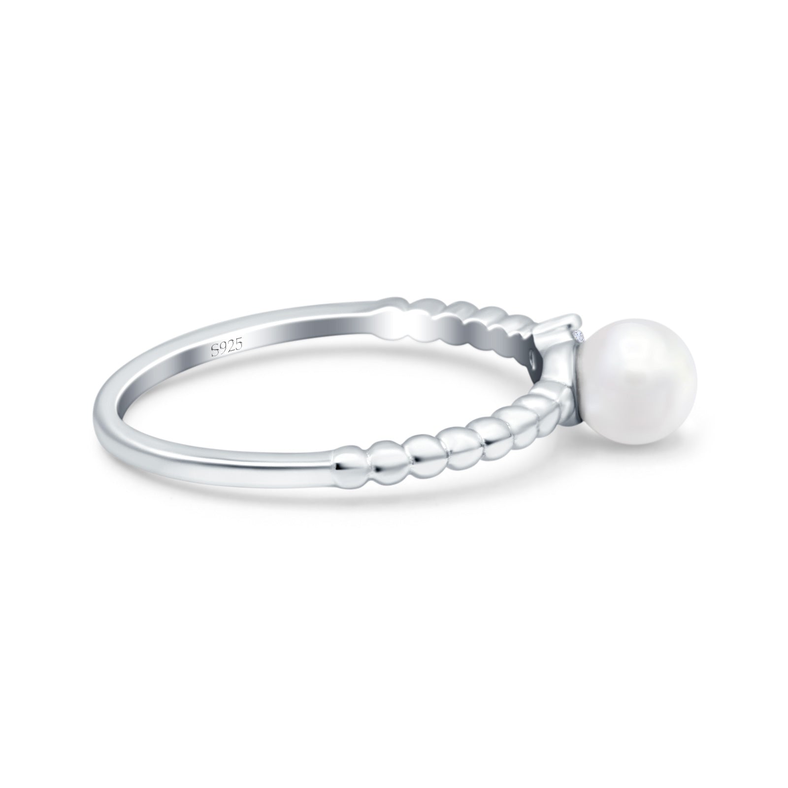 Engagement Ring Round Simulated Pearl Cubic Zirconia 925 Sterling Silver (5mm)